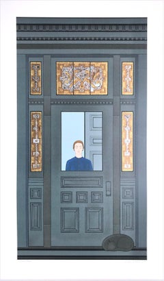 THE DOORWAY Signed Lithograph, Woman, Sleeping Cat, Victorian Stained Glass