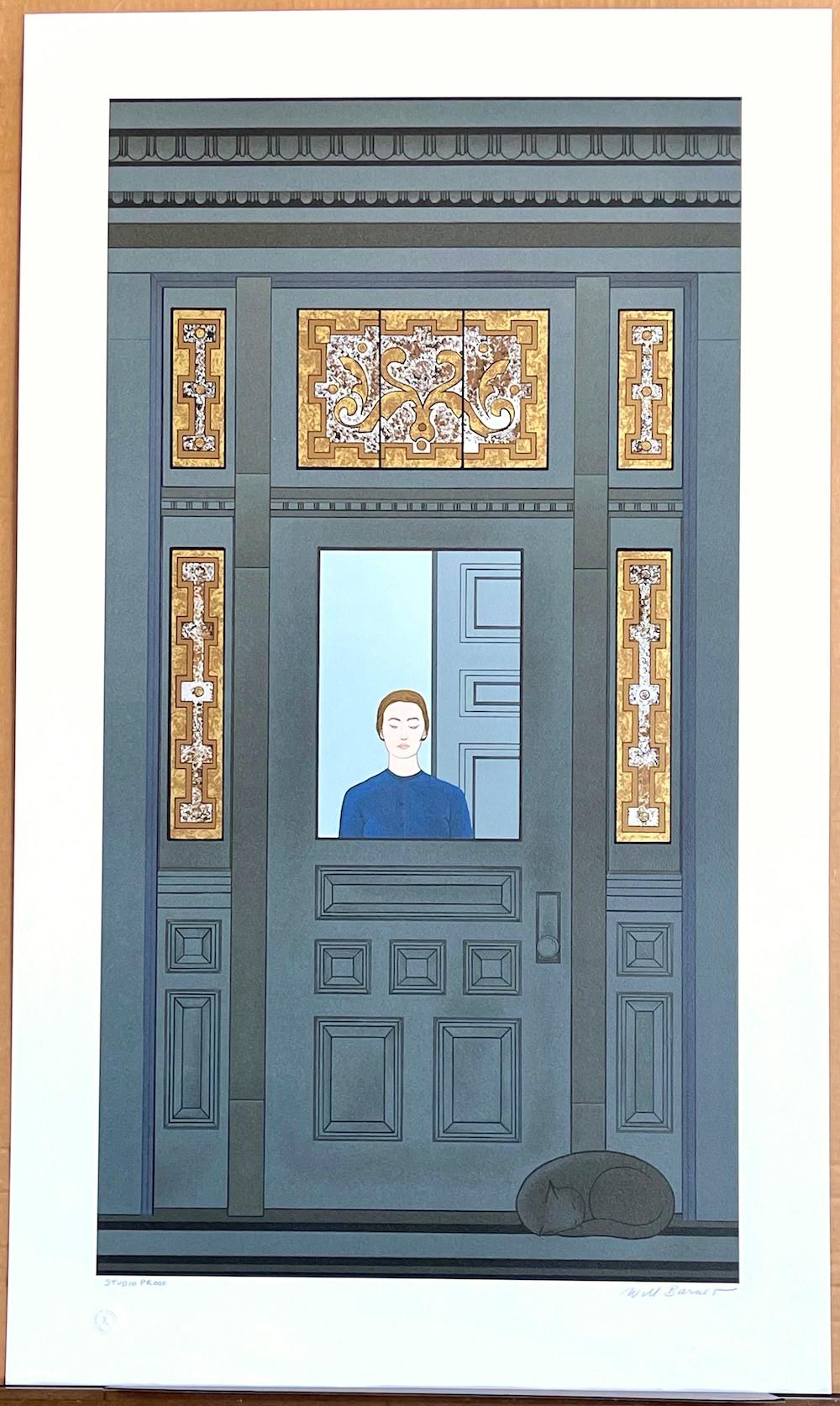 THE DOORWAY Signed Lithograph, Woman, Sleeping Cat, Victorian Stained Glass  - Contemporary Print by Will Barnet