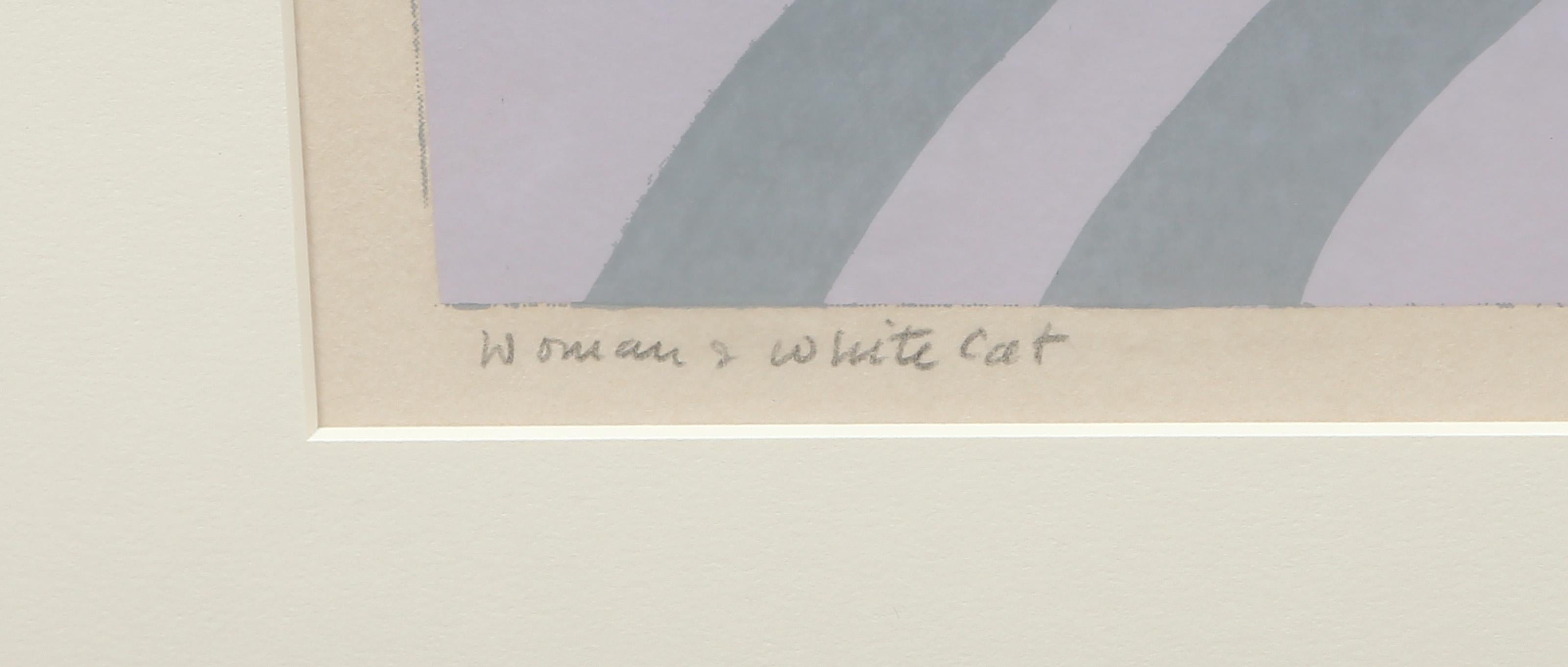 Woman and White Cat, Framed and Signed Modern Screenprint by Will Barnet For Sale 3