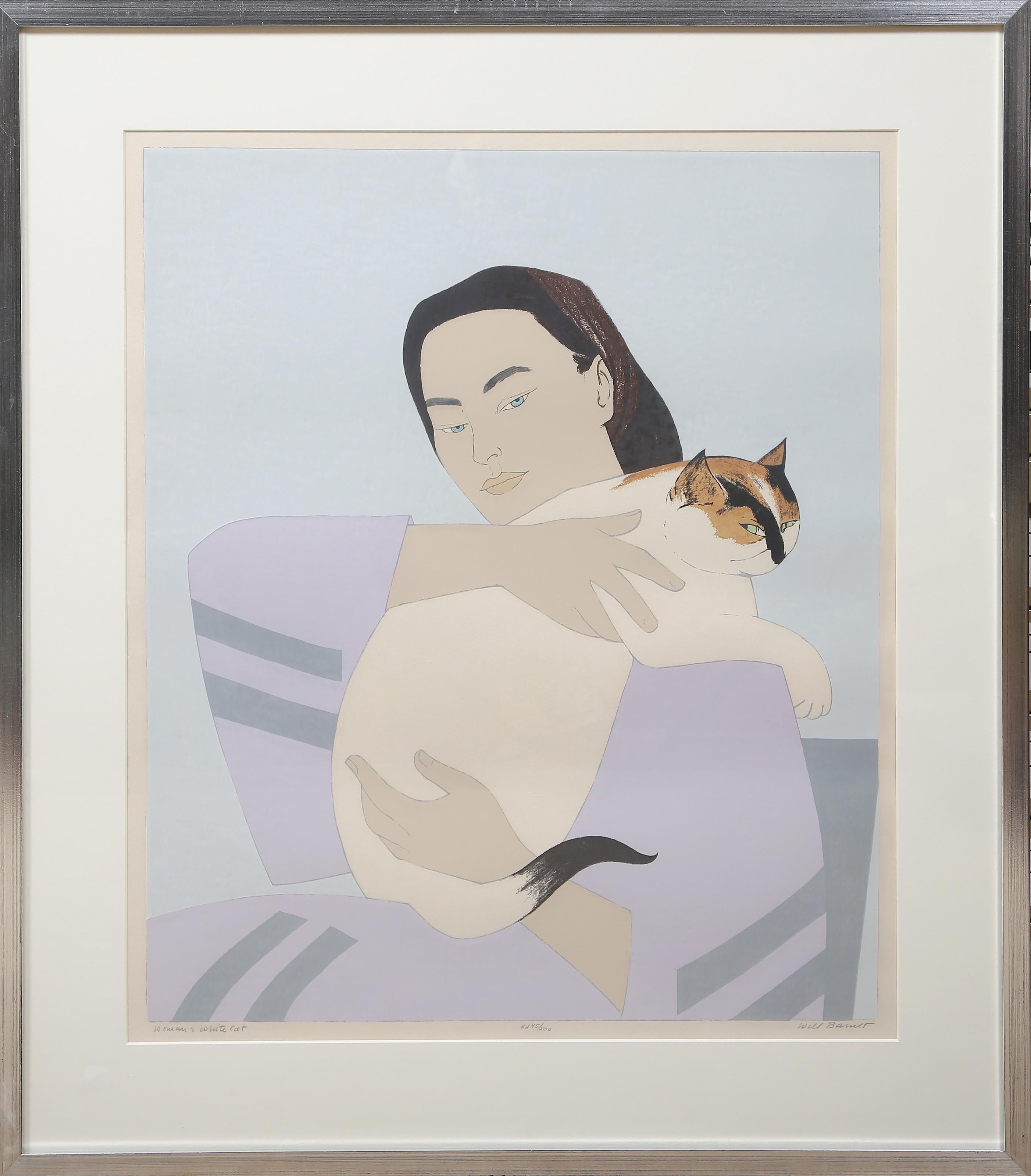 Mujer y gato blanco, serigrafía moderna enmarcada y firmada por Will Barnet
