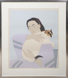 Donna e gatto bianco, serigrafia moderna di Will Barnet incorniciata e firmata