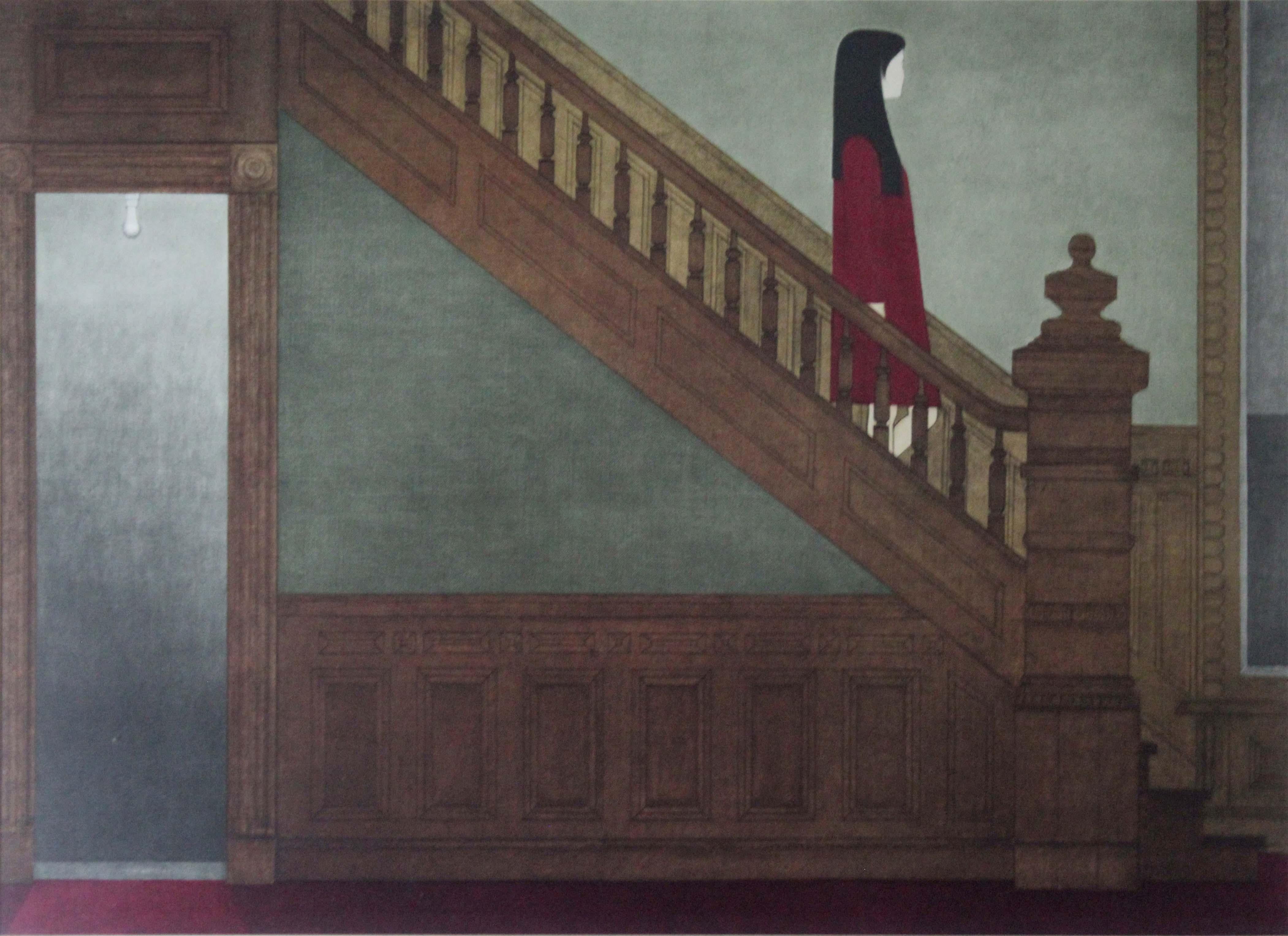 A dreamlike collotype print titled Stairway by American Artist Will Barnet. From NY Graphic Society in 1970. Will Barnet (1911-2012) was an American artist known for his paintings, watercolors, drawings, and prints depicting the human figure and