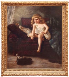 Antique Girl Playing with Dolls, Late 19th Century, Victorian Era Portrait of a Girl