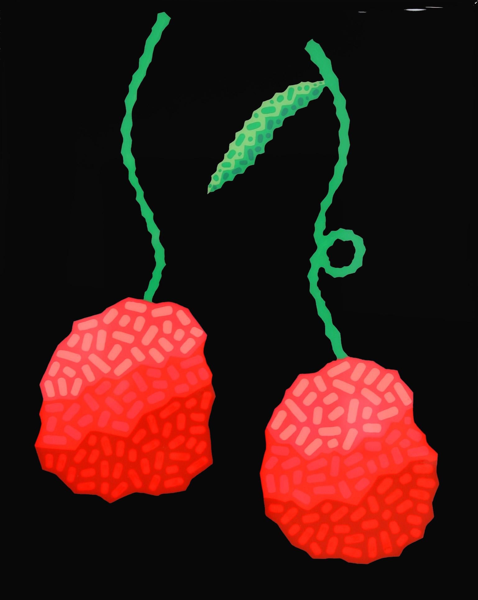 Will Beger Abstract Painting – Schwarze Kirschen – lebhafte rote Obst, Südwestlich inspiriertes Pop-Art-Gemälde