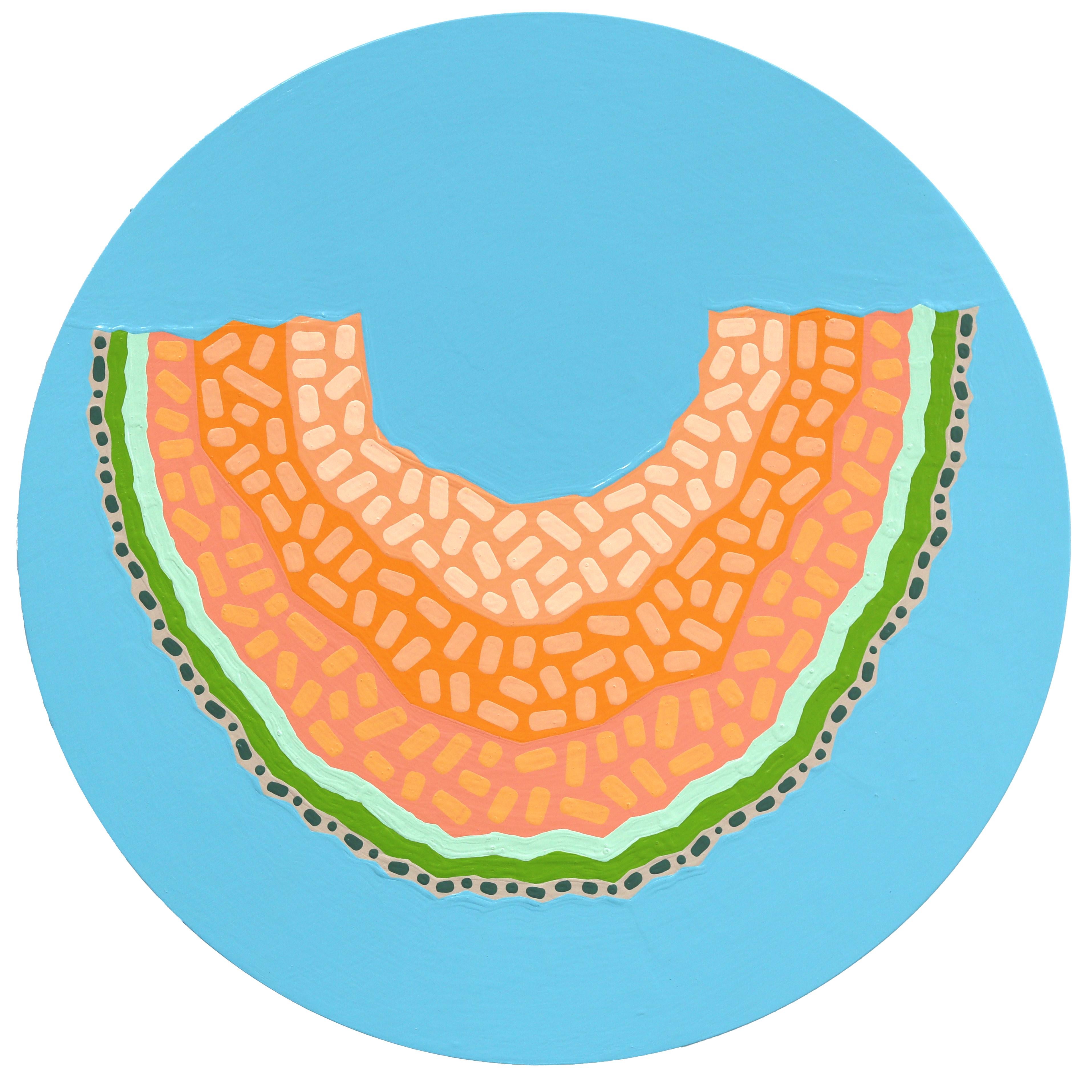 Cantaloop - Vibrante Nature morte abstraite aux fruits Peinture acrylique bleue sur panneau