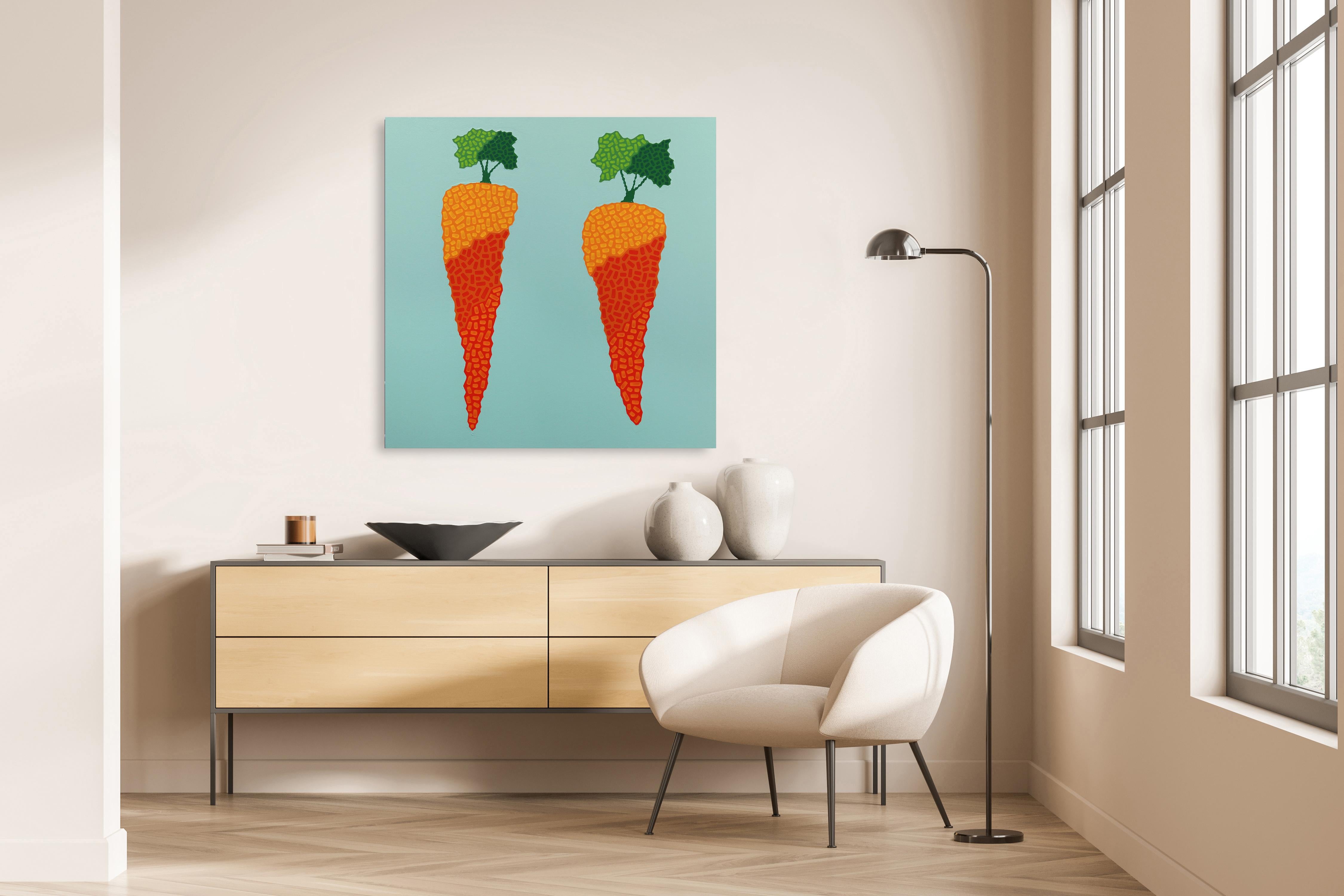 Carrots - Vibrant Orange Grün Pop Art Garten Gemüse Minimalistisches Gemälde  – Painting von Will Beger