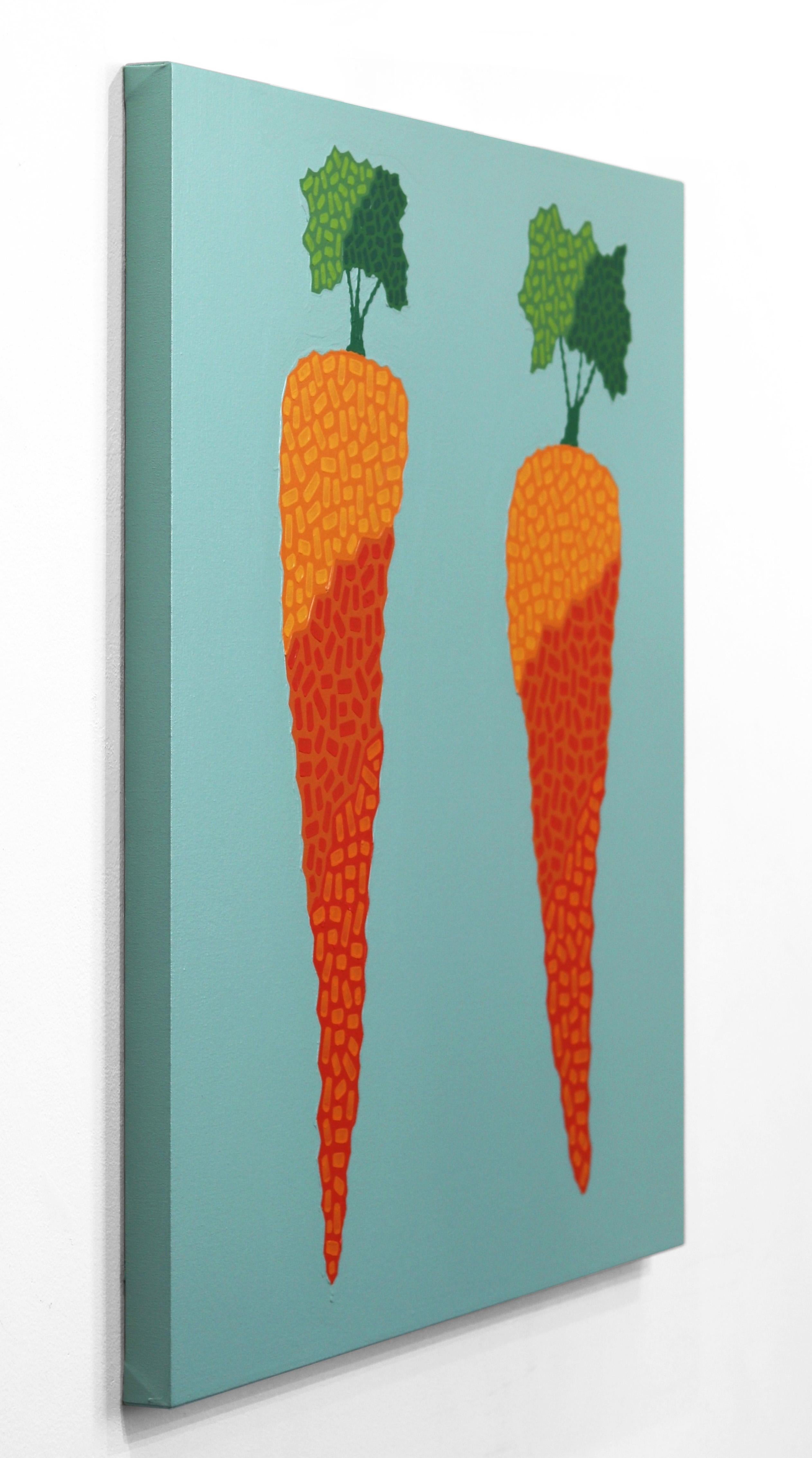 Carrots - Vibrant Orange Grün Pop Art Garten Gemüse Minimalistisches Gemälde  im Angebot 1