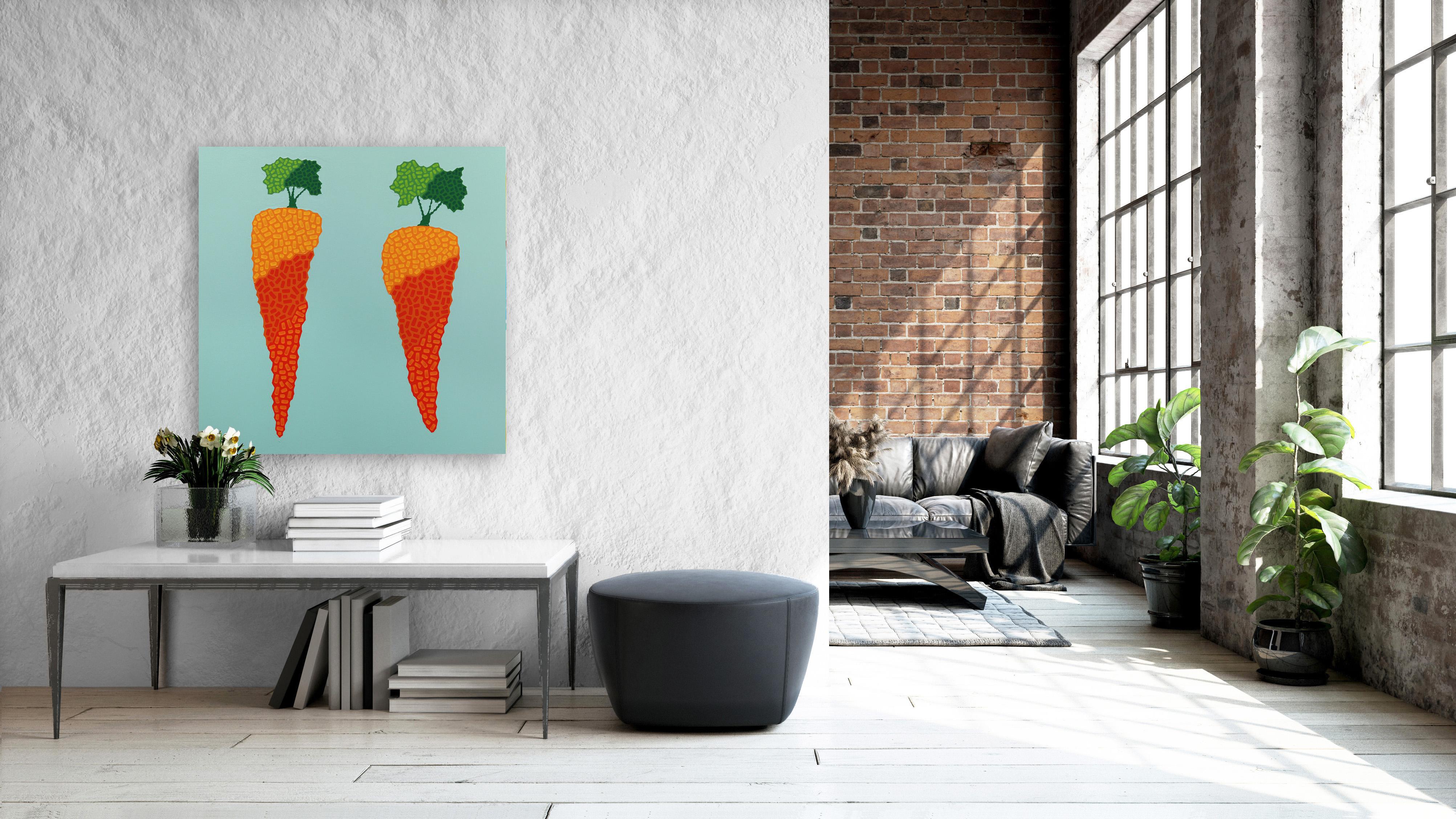 Carrots - Vibrant Orange Grün Pop Art Garten Gemüse Minimalistisches Gemälde  im Angebot 3