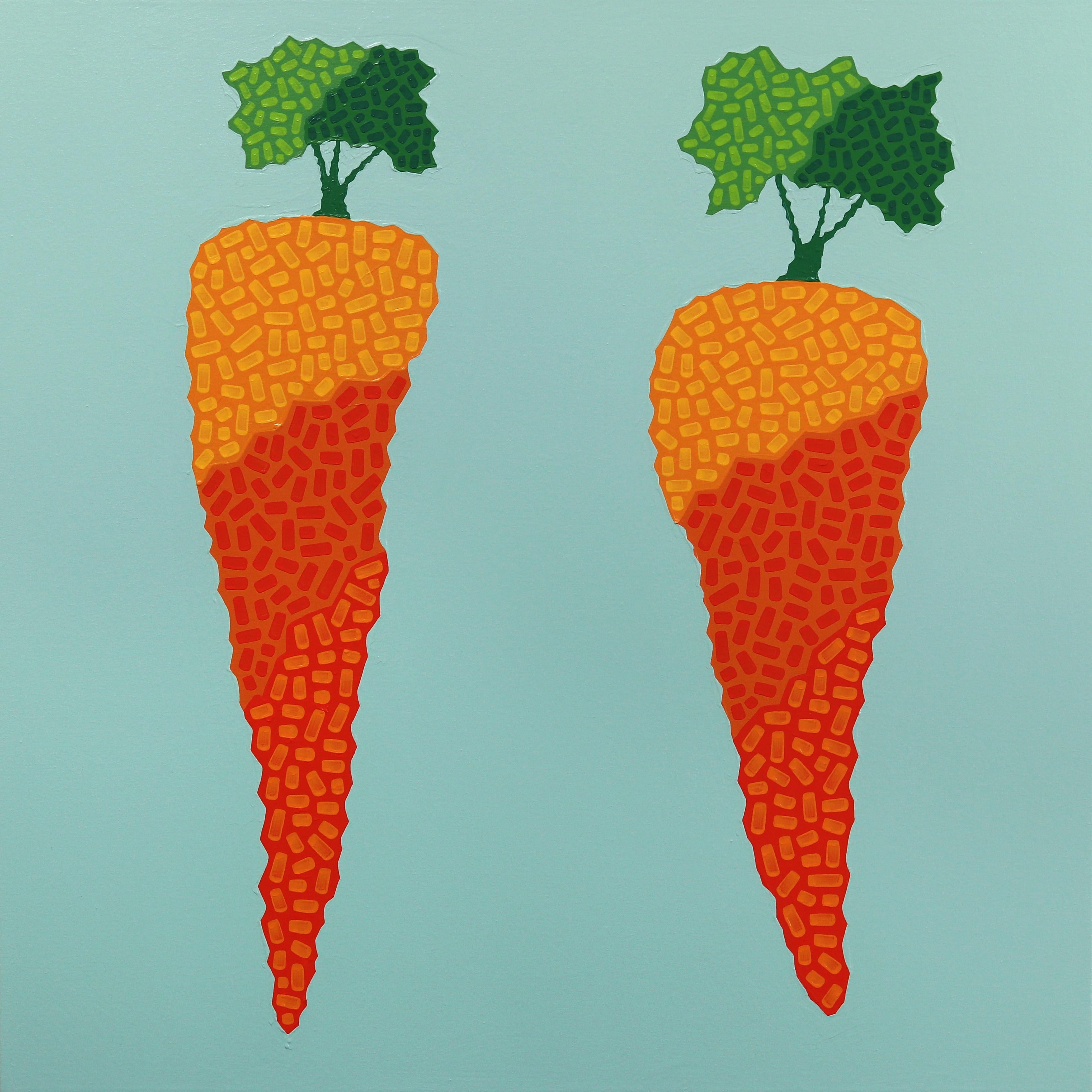 Will Beger Landscape Painting - Carrots - Vibrant Orange Green Pop Art Garden Vegetables Minimalist Painting 