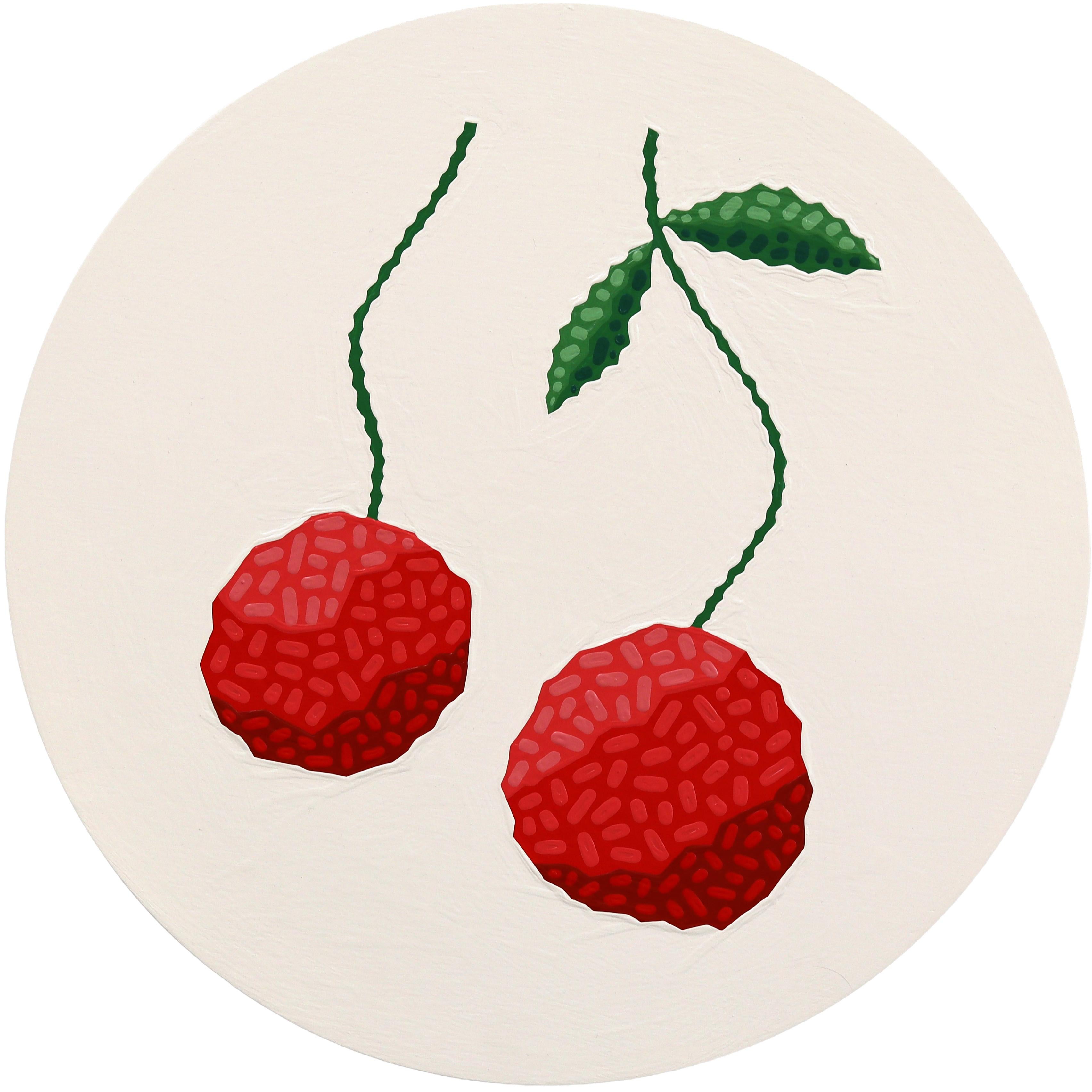 Will Beger Still-Life Painting - Circle Cherries - Abstract Red Fruit Still Life Acrylic Painting on Round Panel