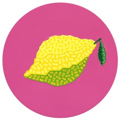 Circle Pink Lemon - Peinture abstraite originale de nature morte aux fruits sur panneau