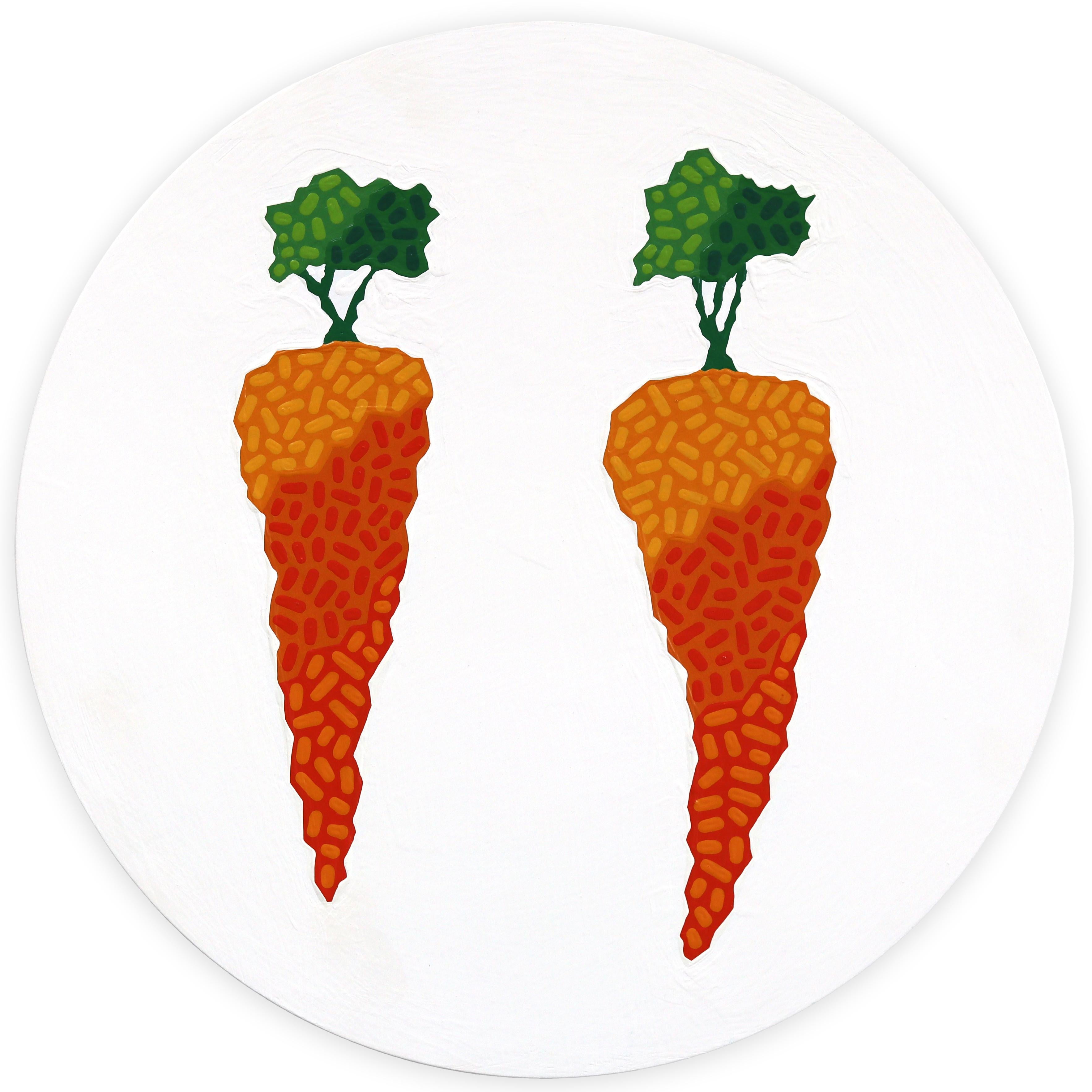 Will Beger Still-Life Painting - Fresh Carrots - Abstract Vegetables Still Life Acrylic Painting on Round Panel