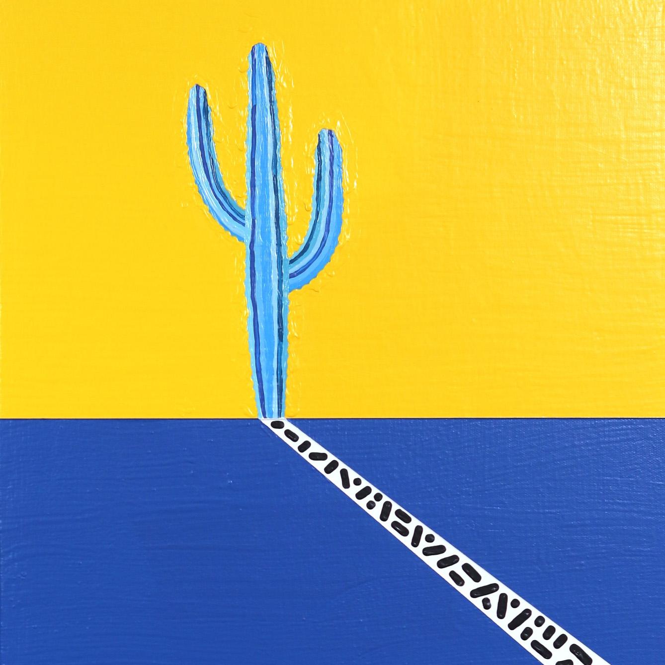 Gran Sombra  - Peinture originale de cactus d'inspiration du Sud-Ouest bleu et jaune - Minimaliste Painting par Will Beger