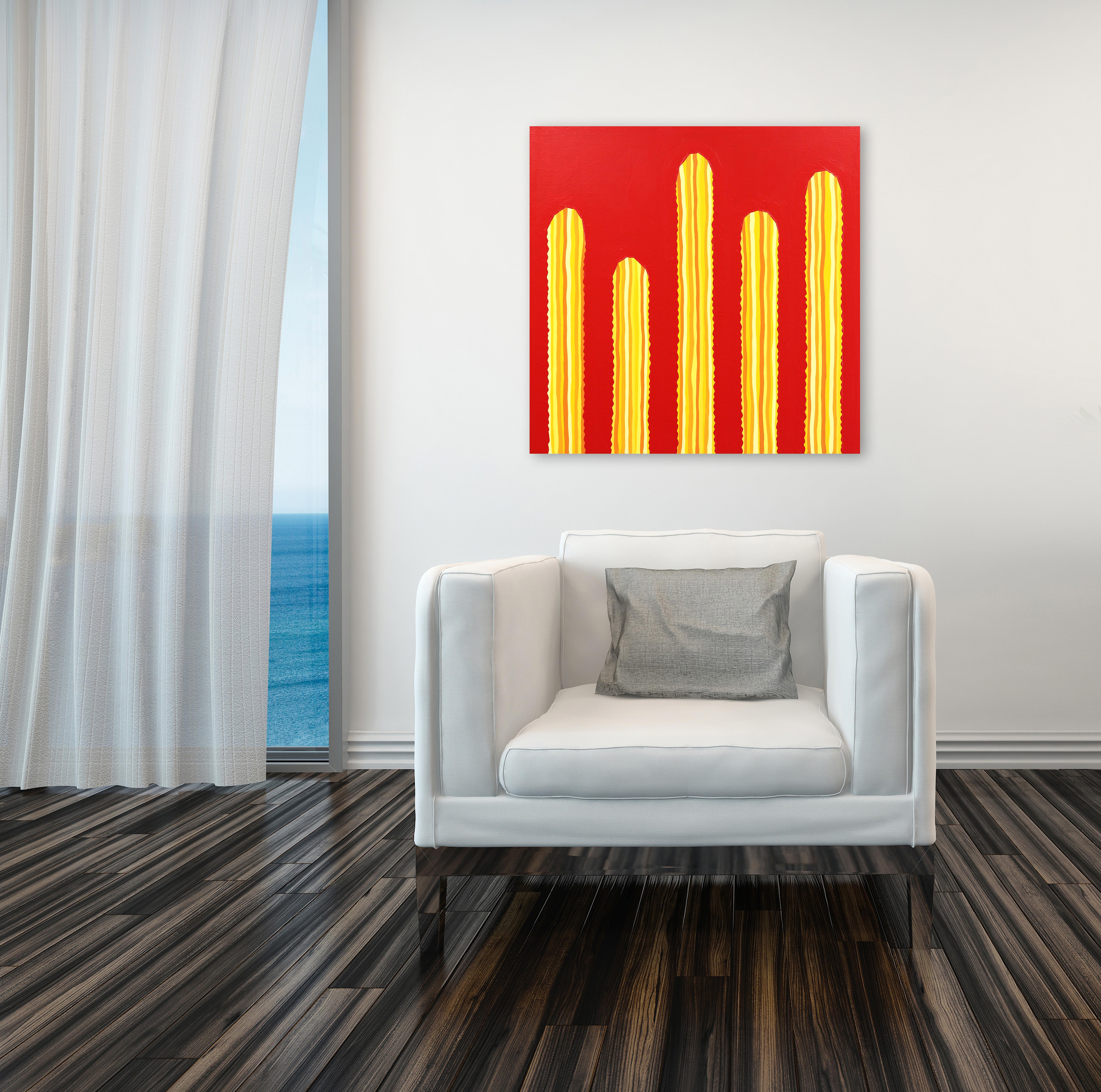 Heat Wave – lebhaftes rot-gelbes, vom Südwesten inspiriertes Pop-Art-Kactus-Gemälde – Painting von Will Beger