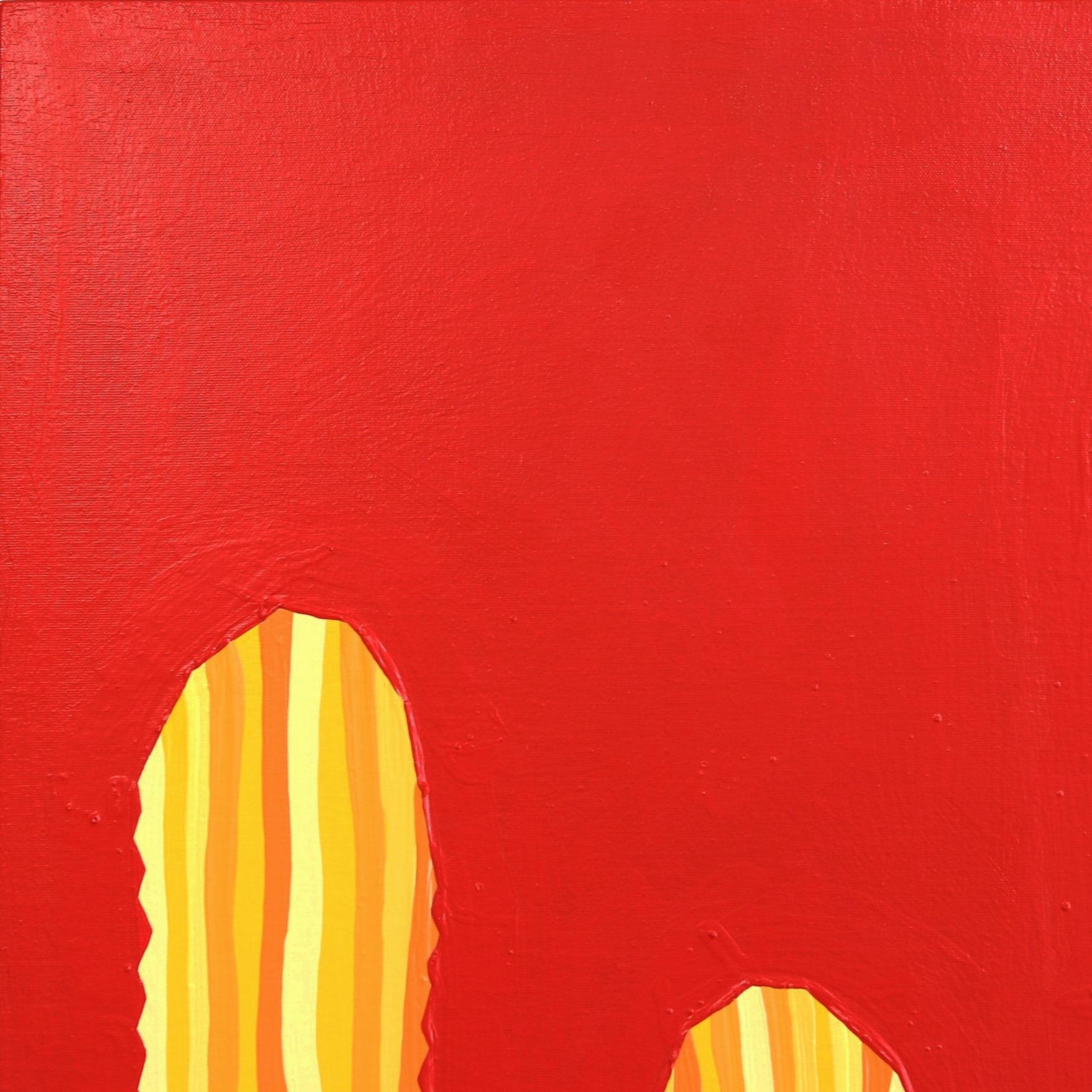 Ola de calor - Pintura de cactus inspirada en el arte pop del suroeste, rojo amarillo vibrante - Painting Minimalista de Will Beger