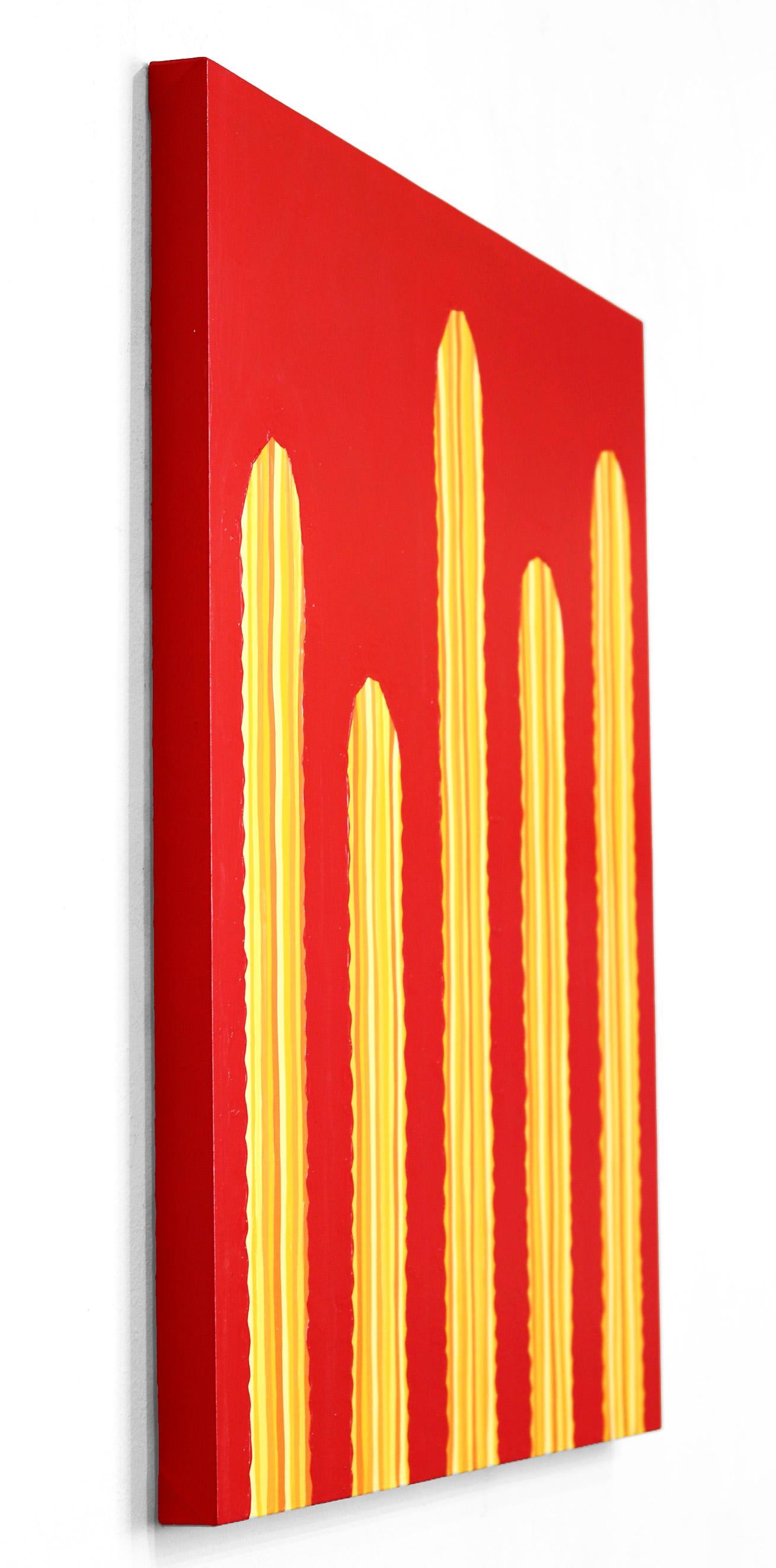 Heat Wave – lebhaftes rot-gelbes, vom Südwesten inspiriertes Pop-Art-Kactus-Gemälde (Rot), Abstract Painting, von Will Beger