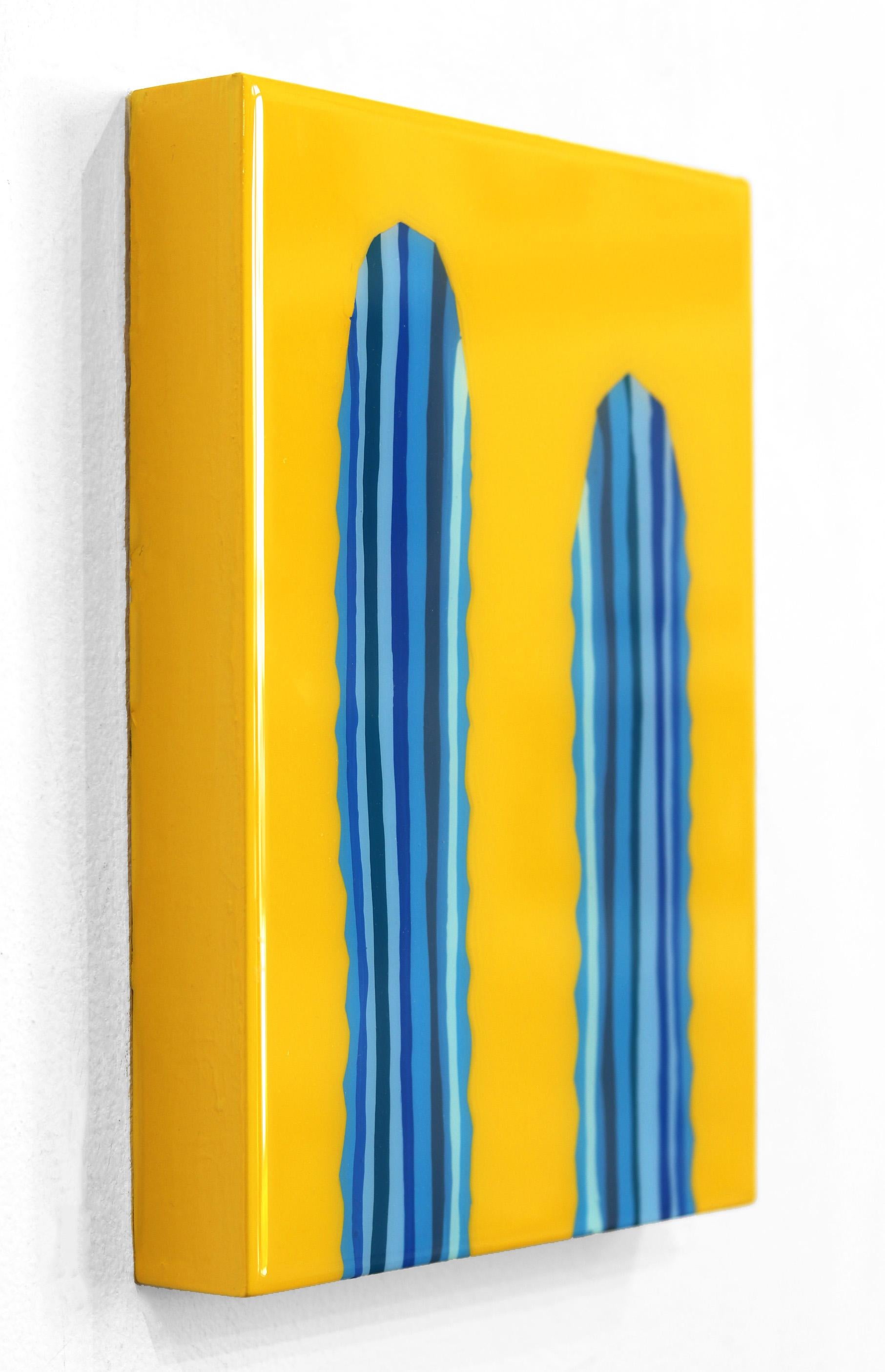 Peinture de cactus pop art d'inspiration sud-ouest, jaune et bleu vif - Orange Abstract Painting par Will Beger