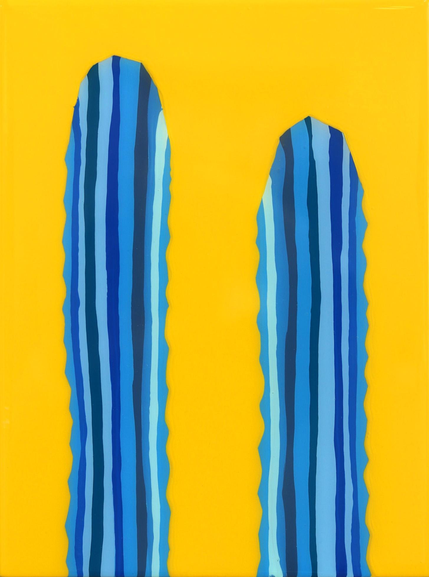 Abstract Painting Will Beger - Peinture de cactus pop art d'inspiration sud-ouest, jaune et bleu vif