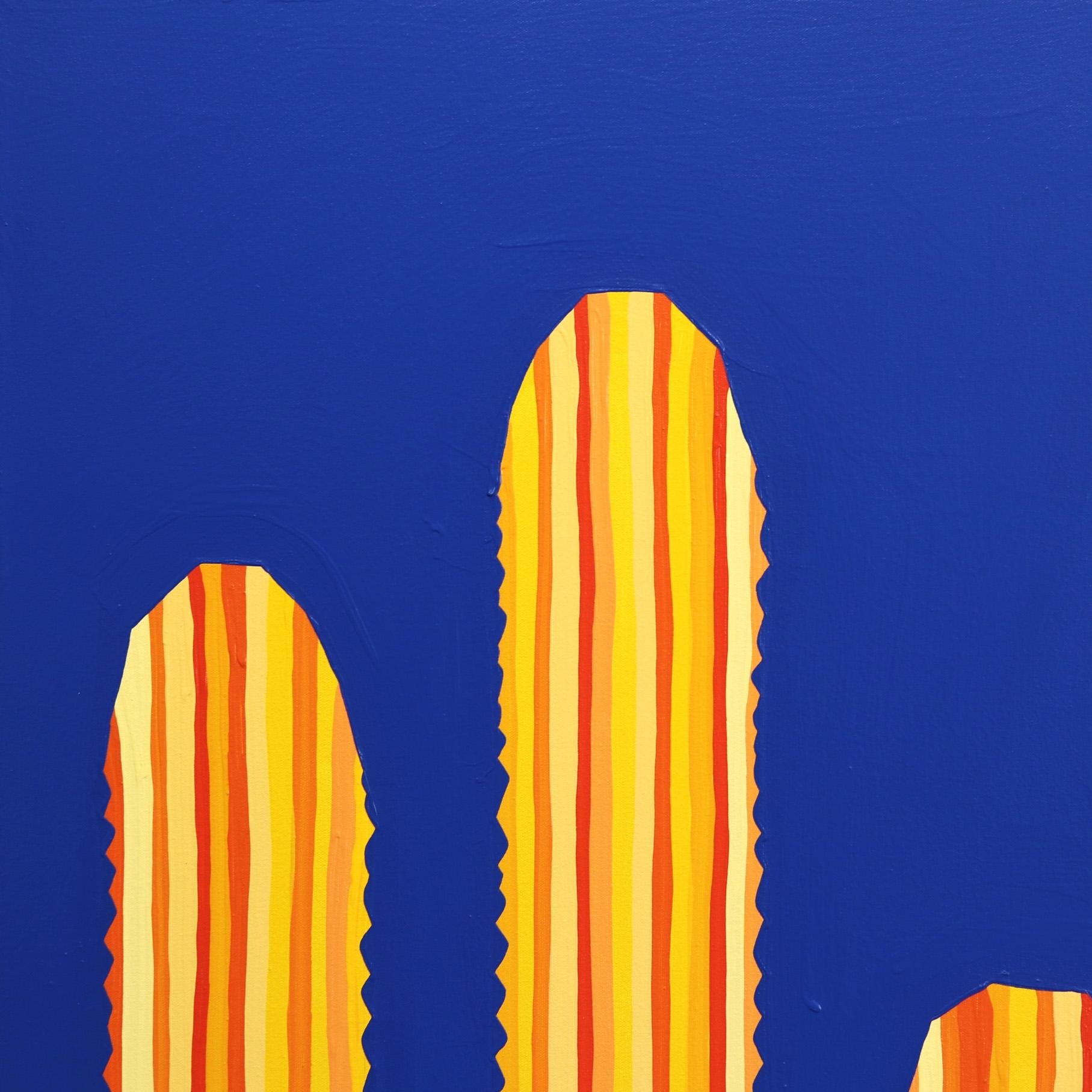 Limelight - Großes überdimensionales minimalistisches gelb gestreiftes Kaktus auf blauem Kunstwerk (Minimalistisch), Painting, von Will Beger