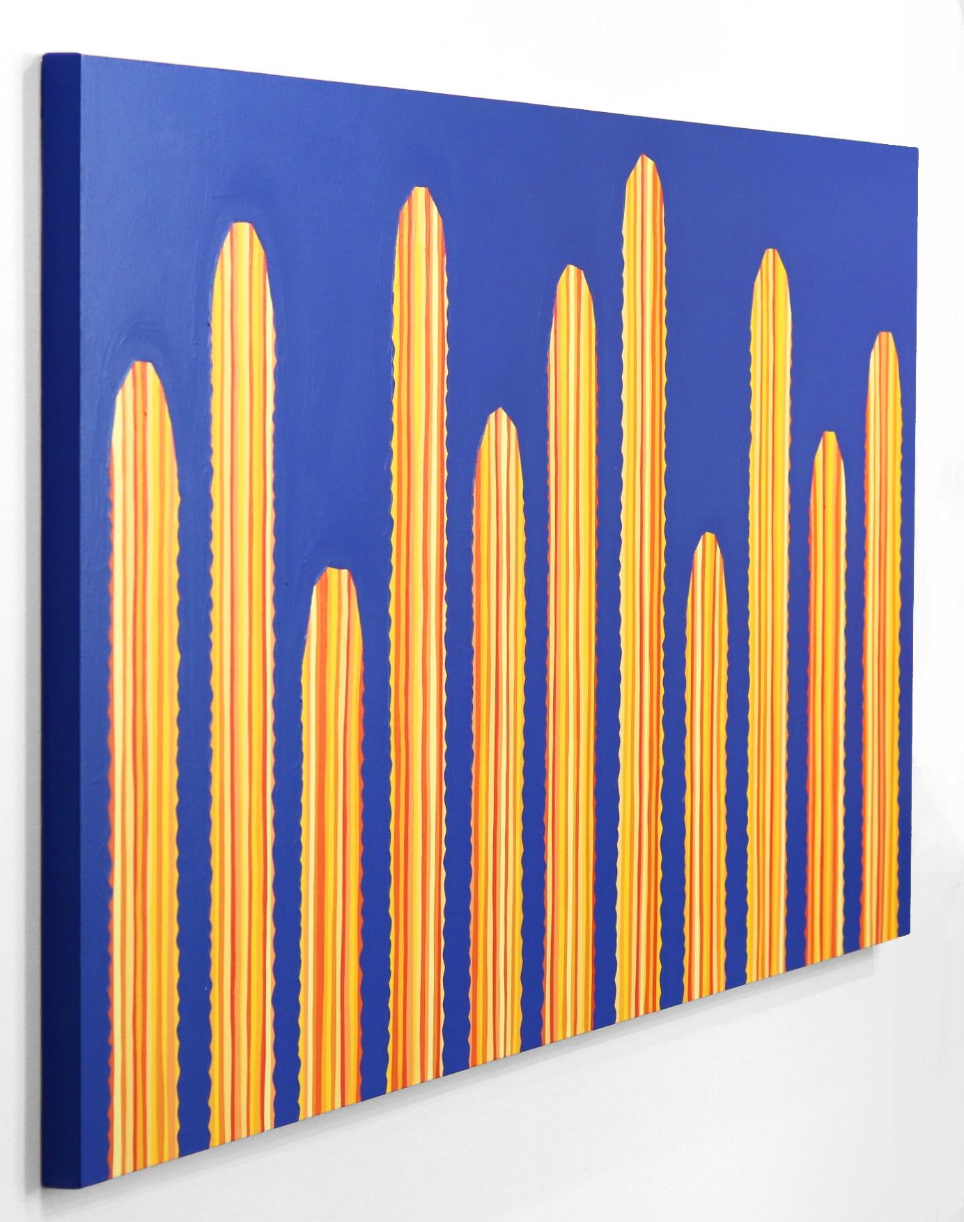 Limelight - Großes überdimensionales minimalistisches gelb gestreiftes Kaktus auf blauem Kunstwerk (Orange), Landscape Painting, von Will Beger