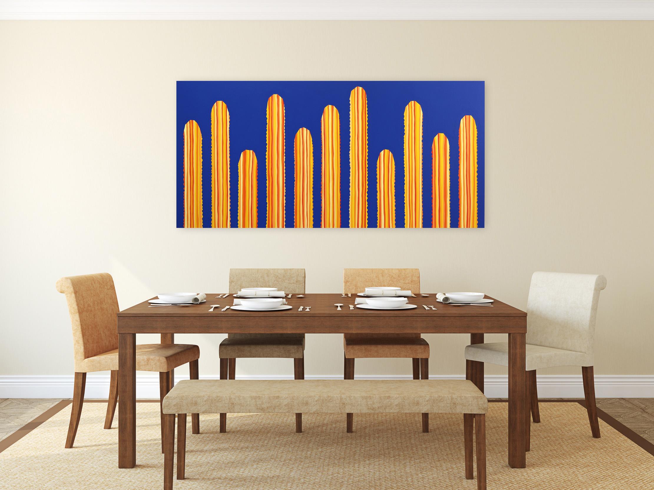 Limelight - Obra de Arte Minimalista de Gran Tamaño Cactus Amarillo a Rayas sobre Azul en venta 2