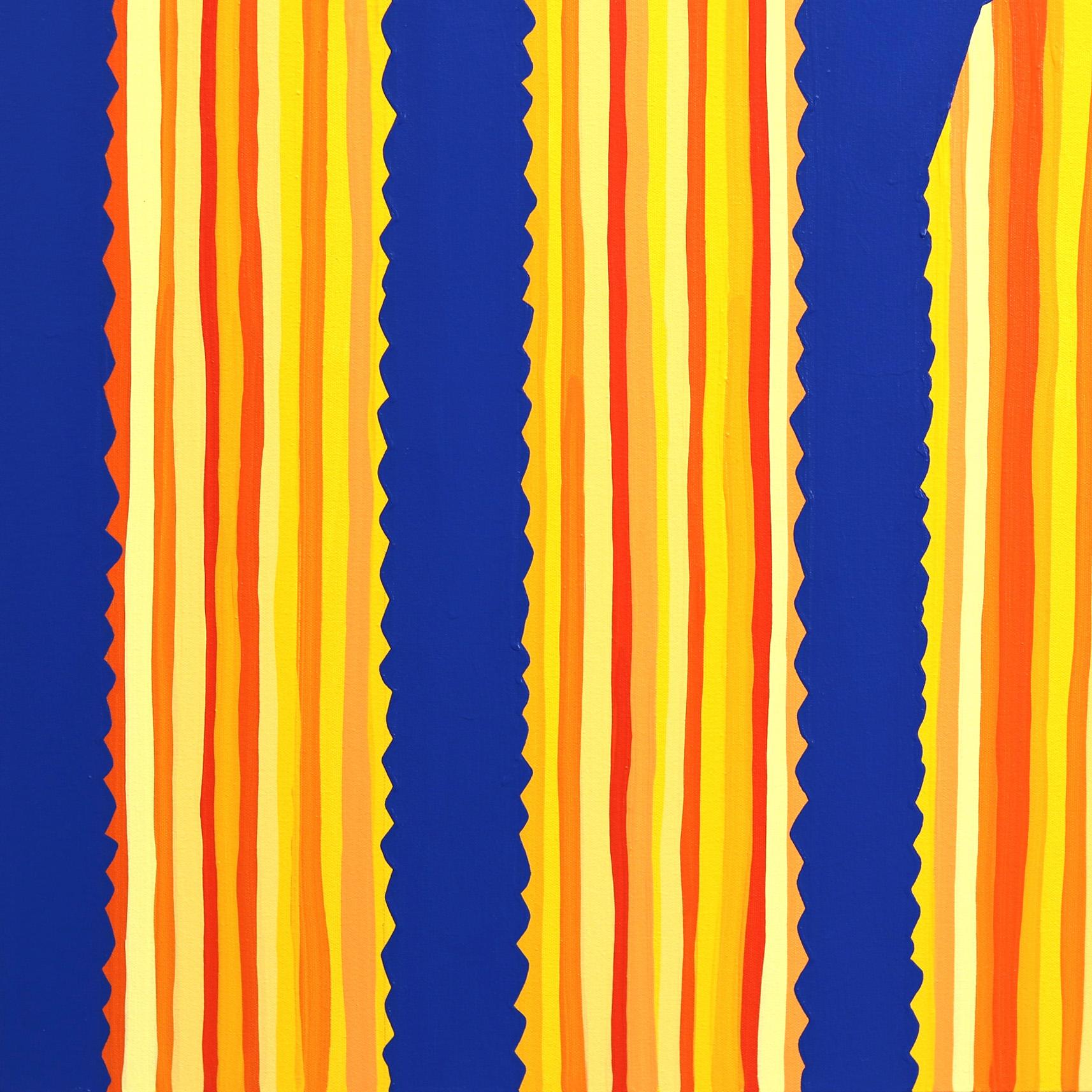 Limelight - Großes überdimensionales minimalistisches gelb gestreiftes Kaktus auf blauem Kunstwerk im Angebot 2
