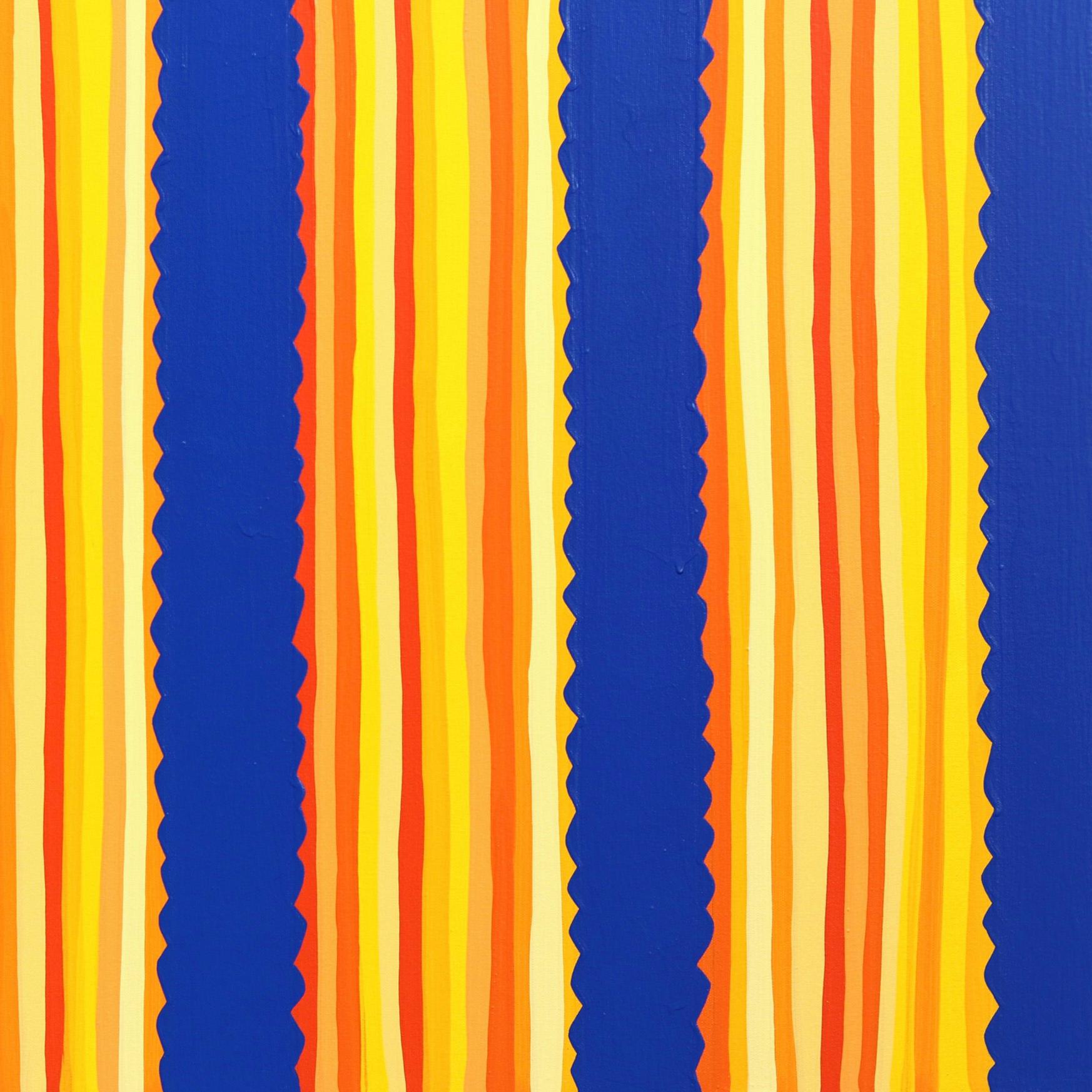 Limelight - Großes überdimensionales minimalistisches gelb gestreiftes Kaktus auf blauem Kunstwerk im Angebot 3