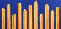 Limelight - Large Oversized Minimalist Yellow Striped Cactus on Blue Artwork