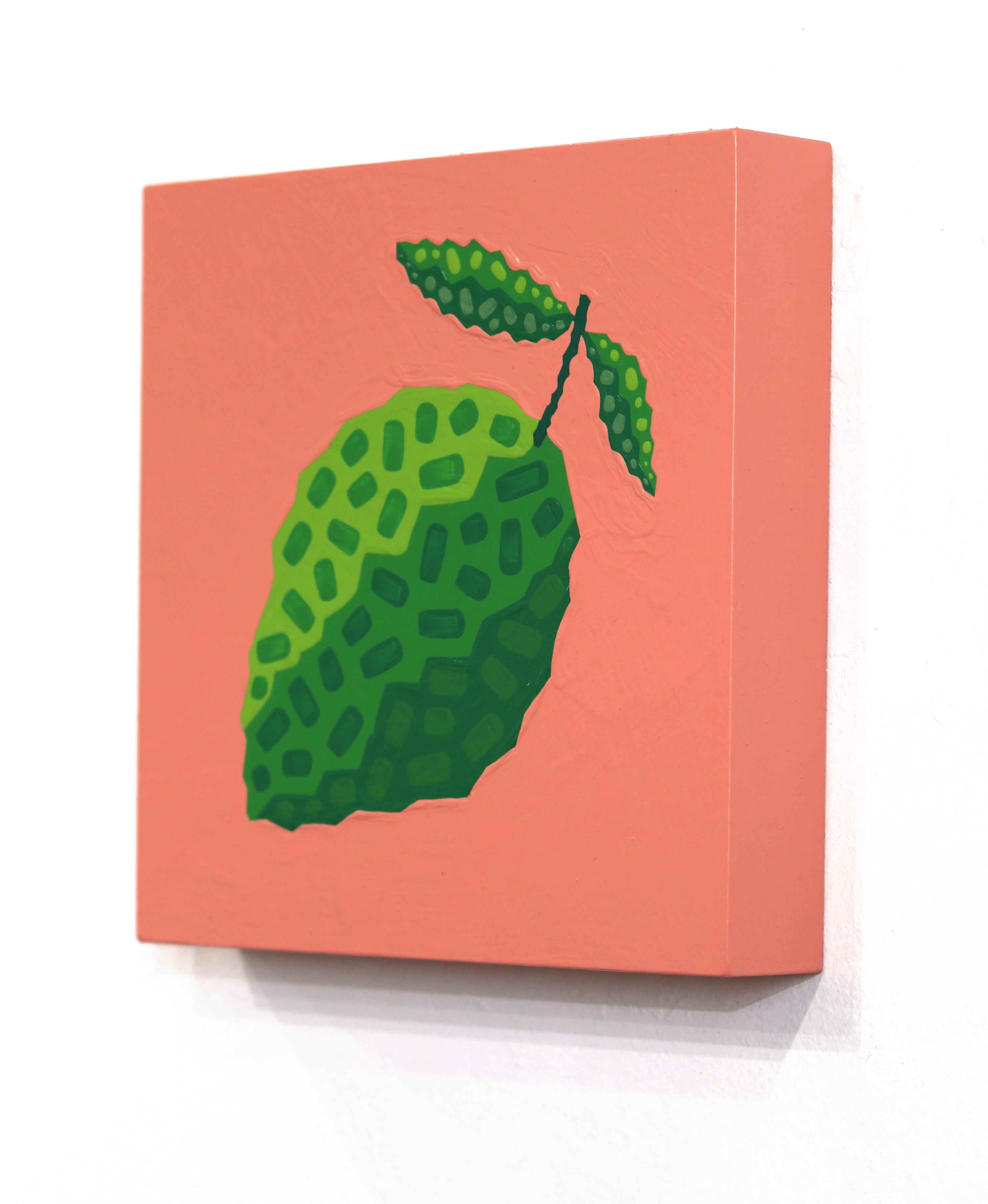 Pequeña lima - Pintura frutal abstracta pop art minimalista verde y rosa en venta 1