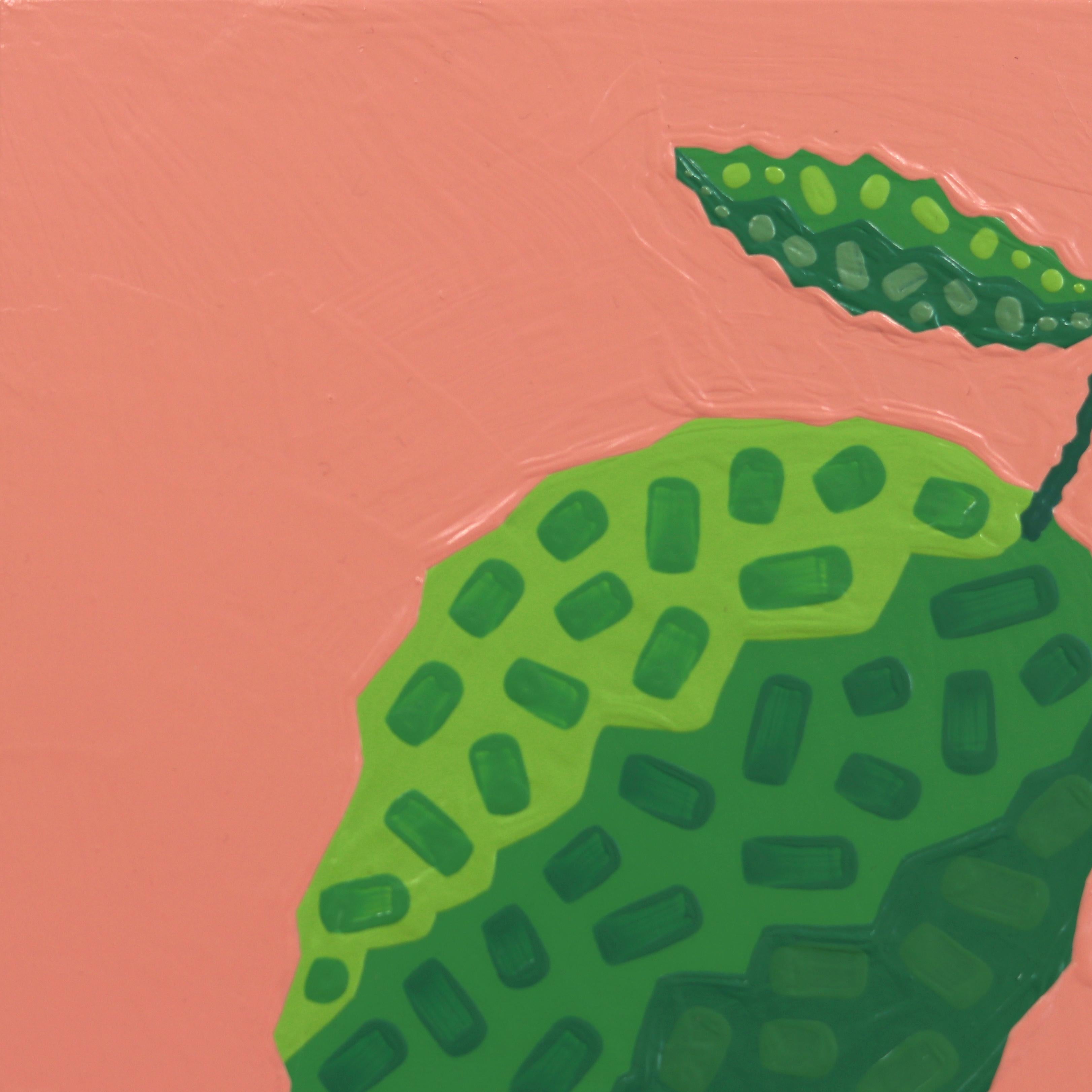 Pequeña lima - Pintura frutal abstracta pop art minimalista verde y rosa en venta 2