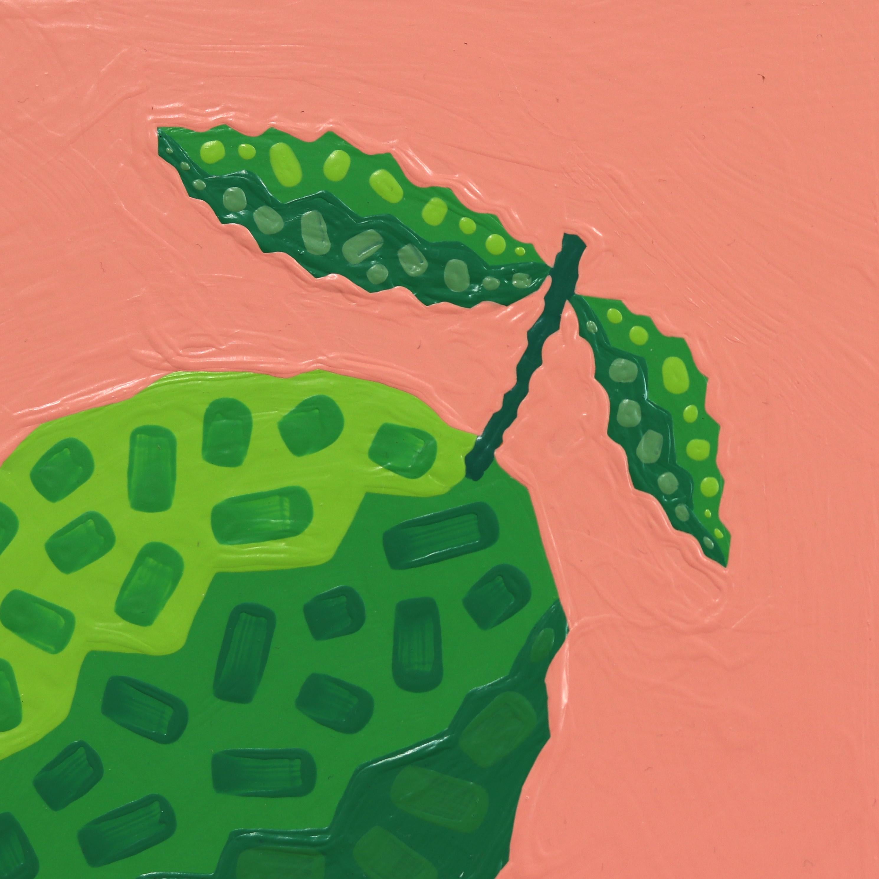 Pequeña lima - Pintura frutal abstracta pop art minimalista verde y rosa en venta 5