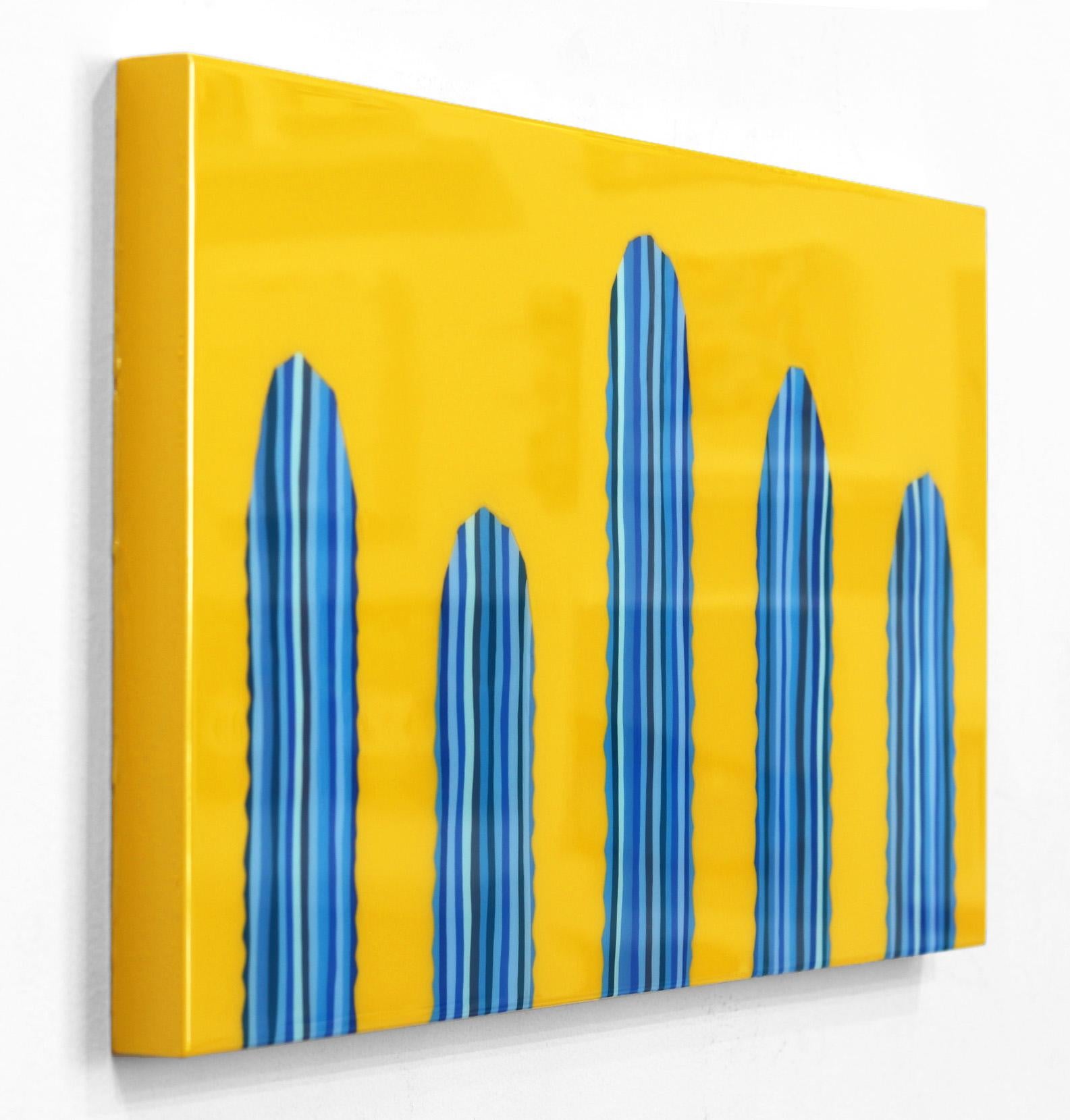 Mañana Amarilla- Peinture pop art de cactus d'un jaune bleu vibrant inspirée du sud-ouest - Orange Abstract Painting par Will Beger
