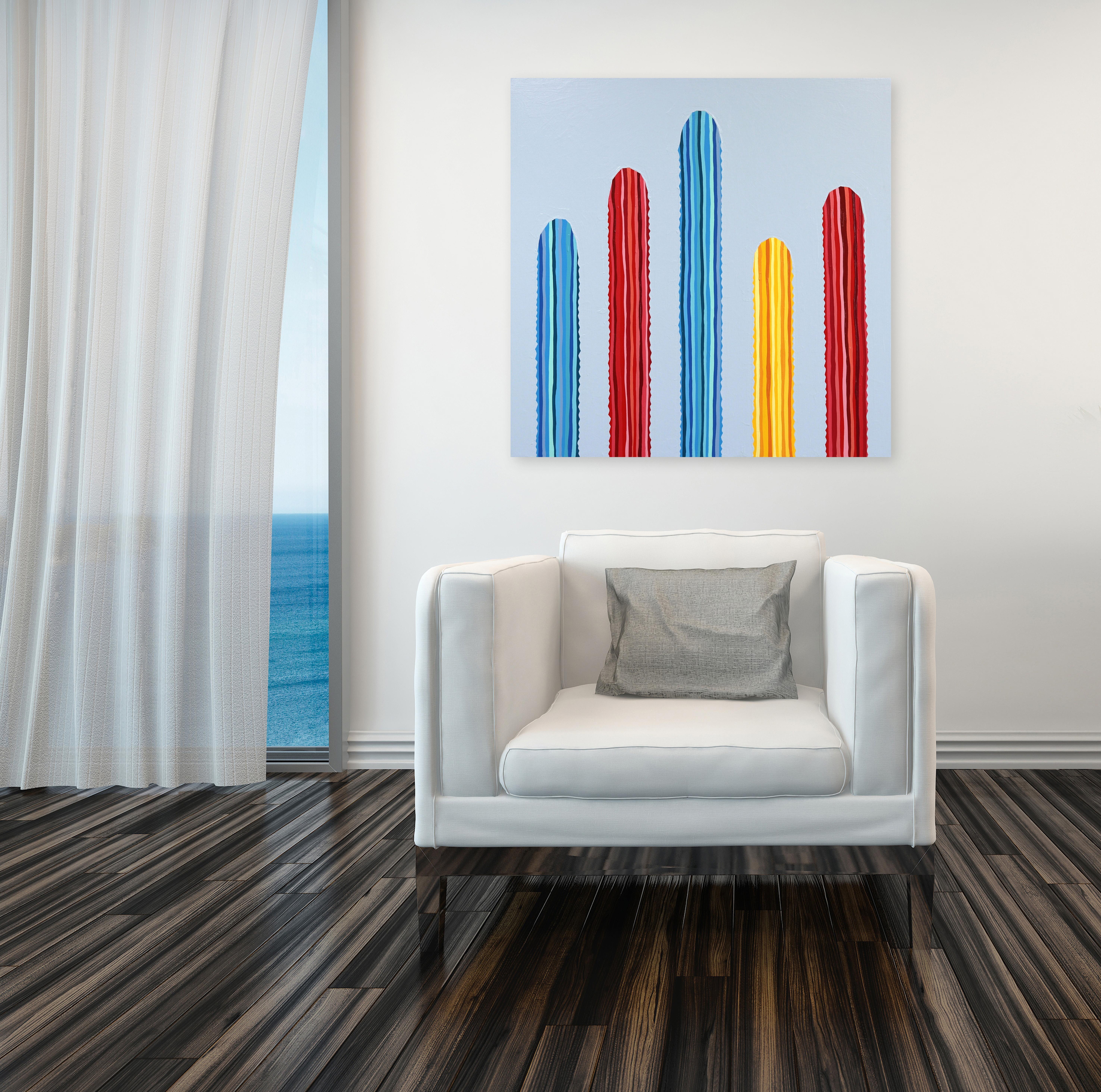 Peinture de cactus d'inspiration Pop Art du Sud-Ouest rouge, bleu et jaune vif Primaria en vente 1