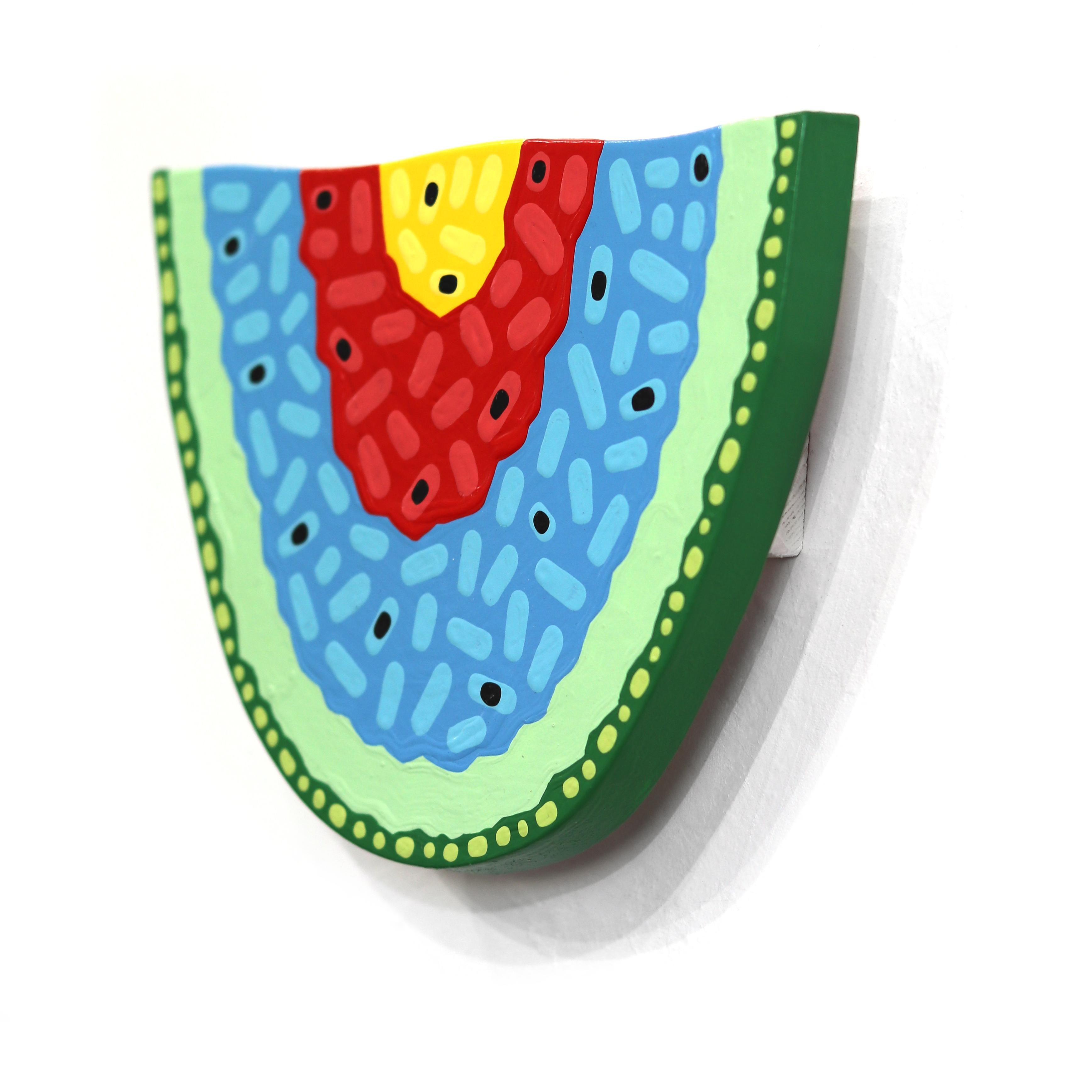 Rainbow Mini Slice - Fruta Pop Art Pintura Alimenticia Escultórica en 3-D sobre Forma de Madera - Still-Life Painting Azul de Will Beger