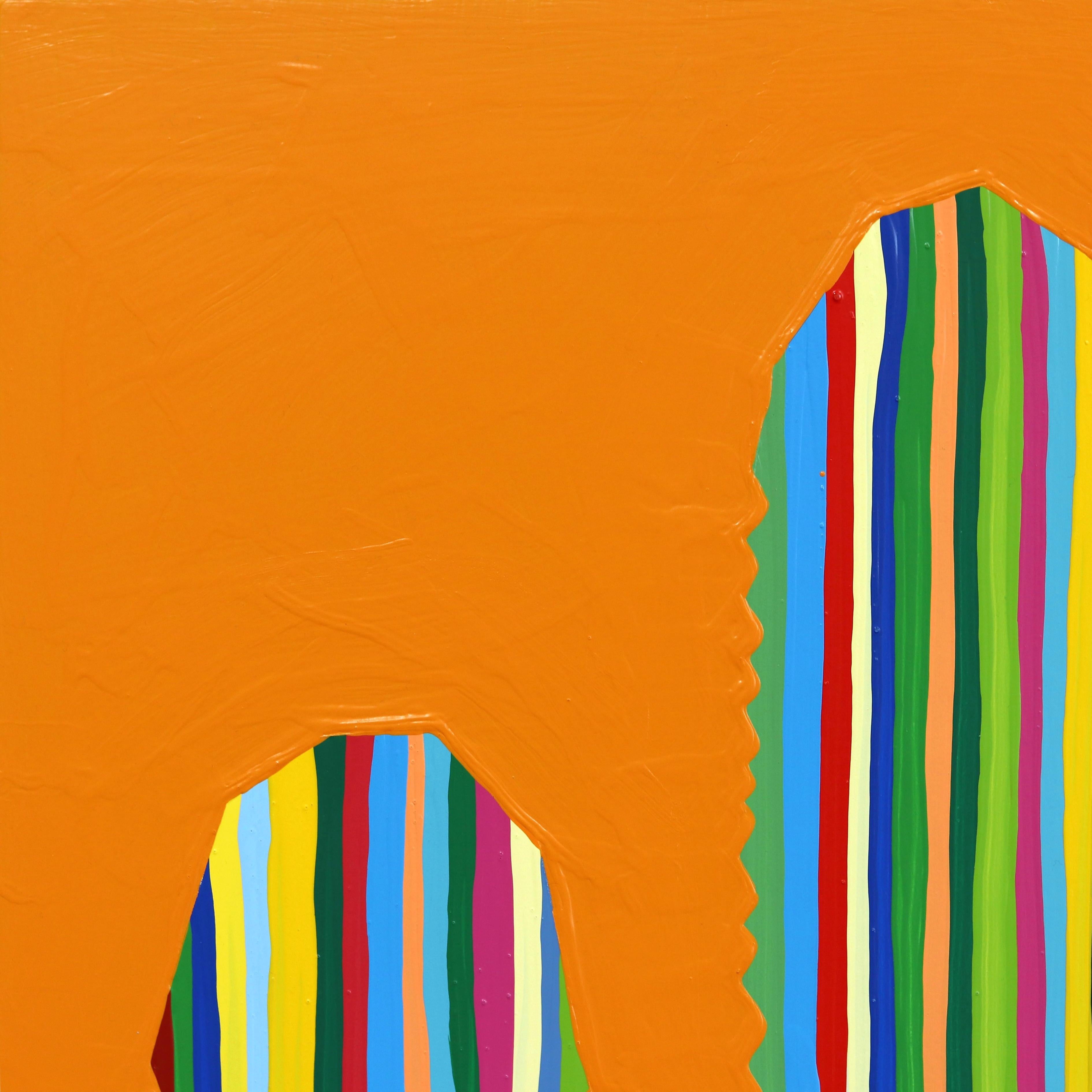Rainbow Naranja - Colorful Striped Cactus on Orange Original Painting For Sale 1