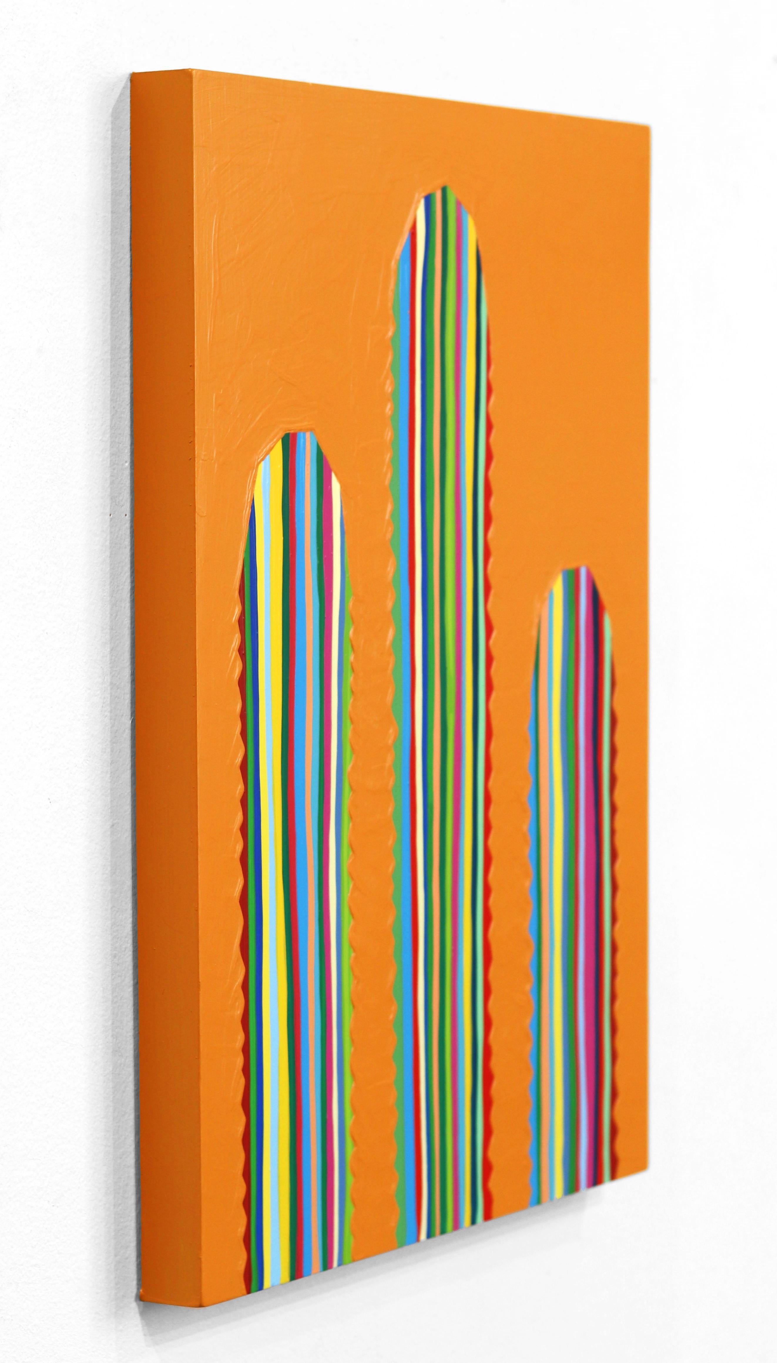 Rainbow Naranja - Colorful Striped Cactus on Orange Original Painting For Sale 2