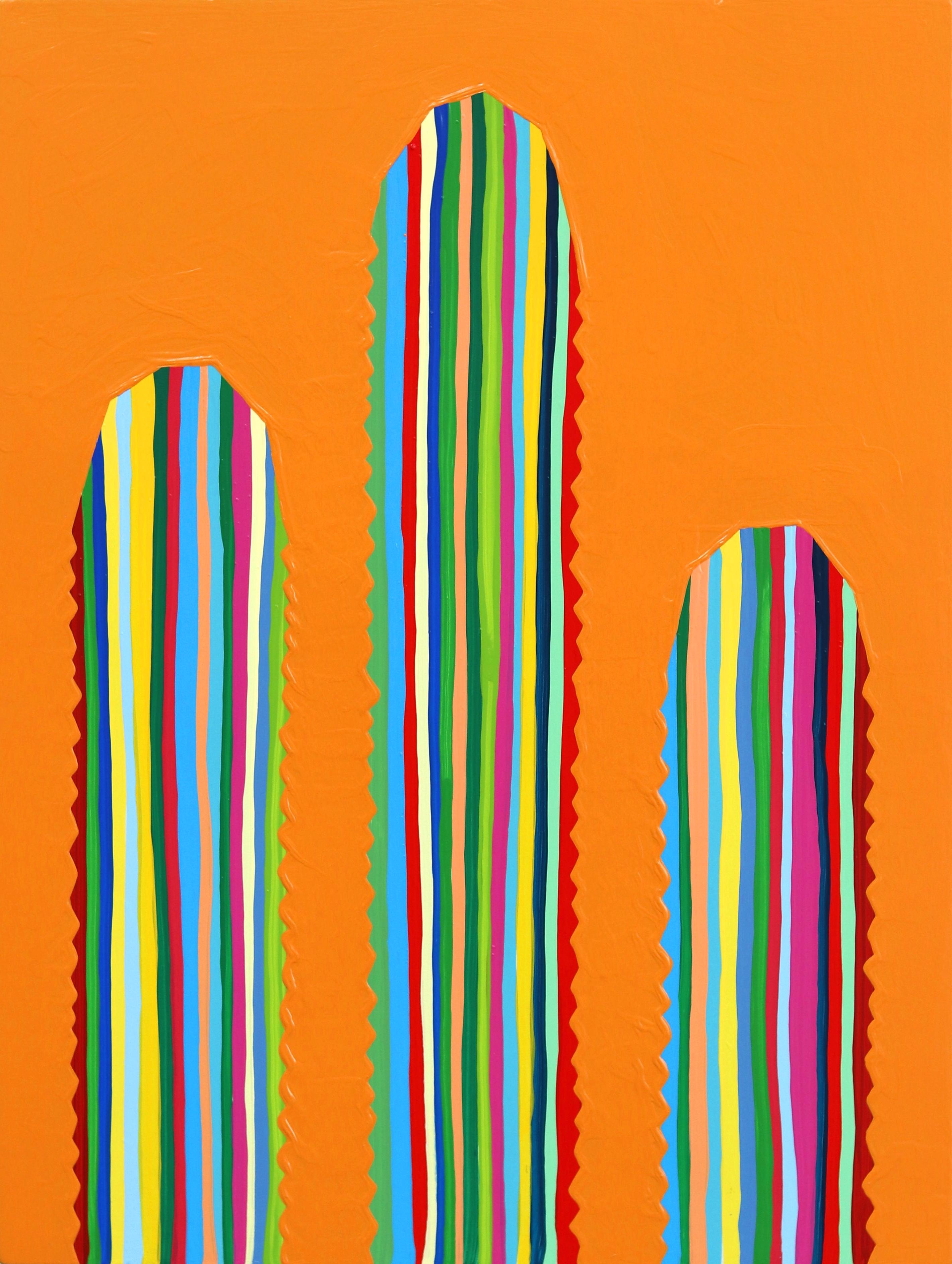 Will Beger Still-Life Painting - Rainbow Naranja - Colorful Striped Cactus on Orange Original Painting