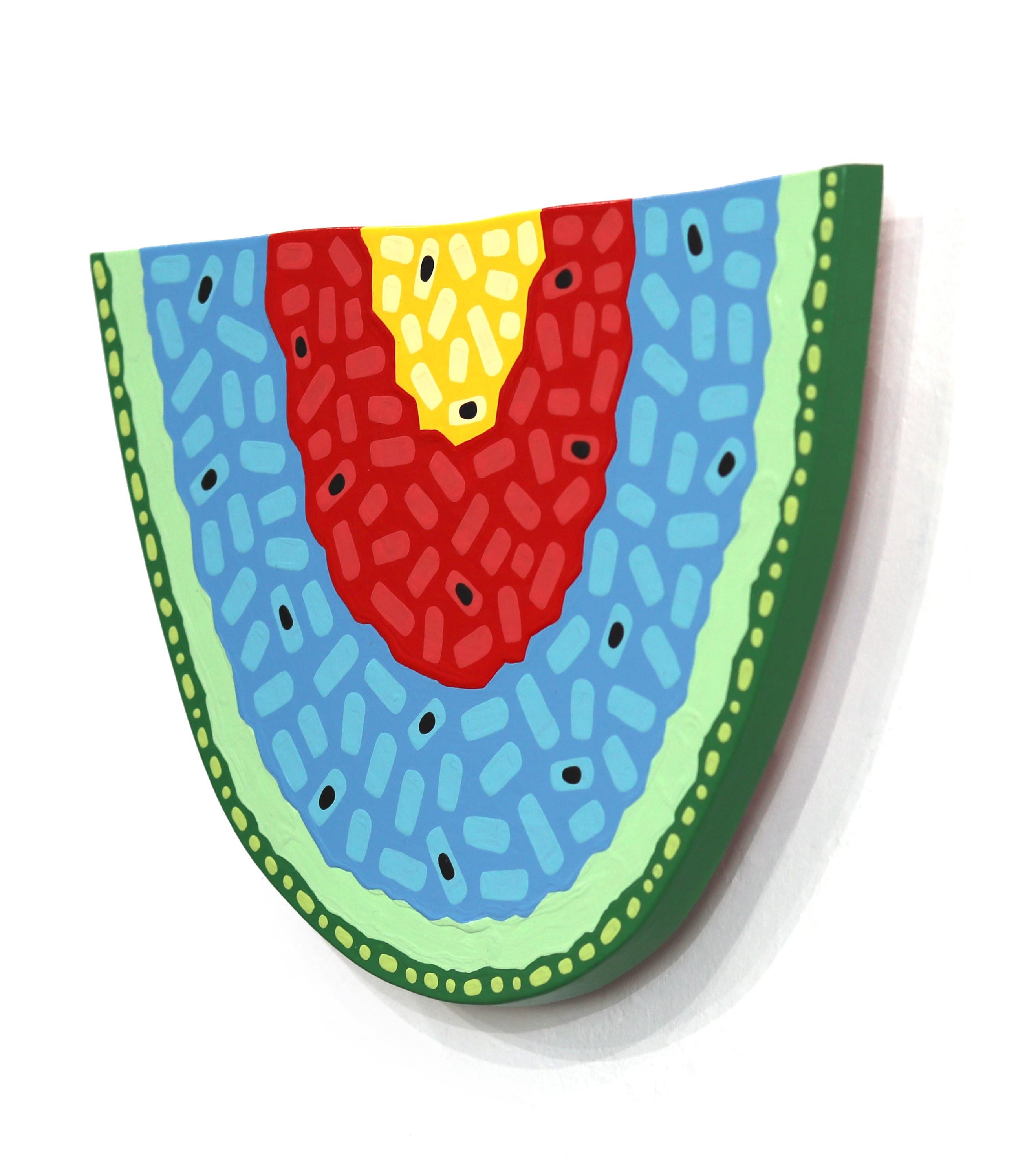 Rodaja de Arco Iris - Fruta Pop Art Pintura Alimenticia Escultórica en 3-D sobre Forma de Madera - Still-Life Painting Azul de Will Beger
