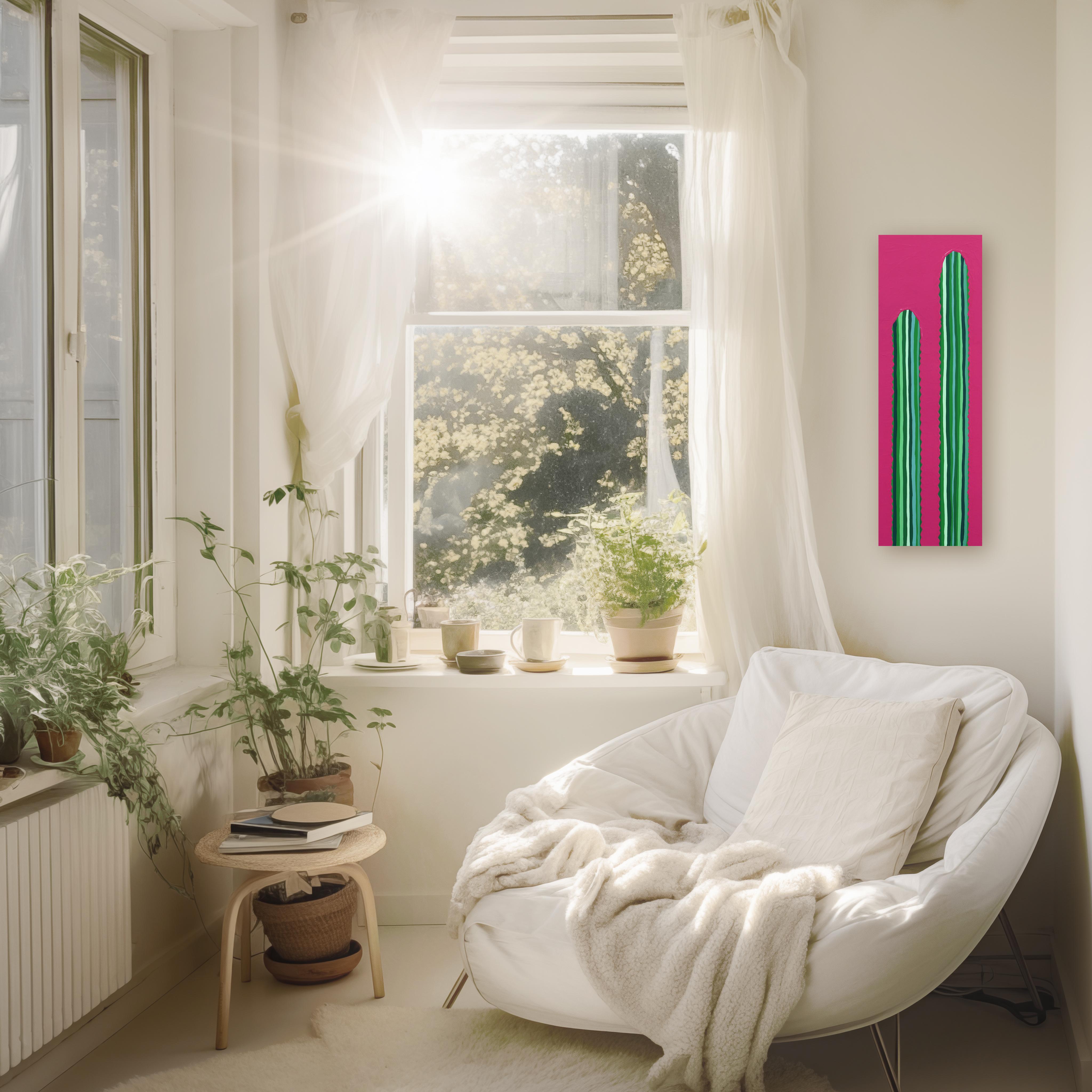 Rosa Picante - Quadro di cactus pop d'ispirazione sud-occidentale, vibrante, rosa e verde in vendita 2