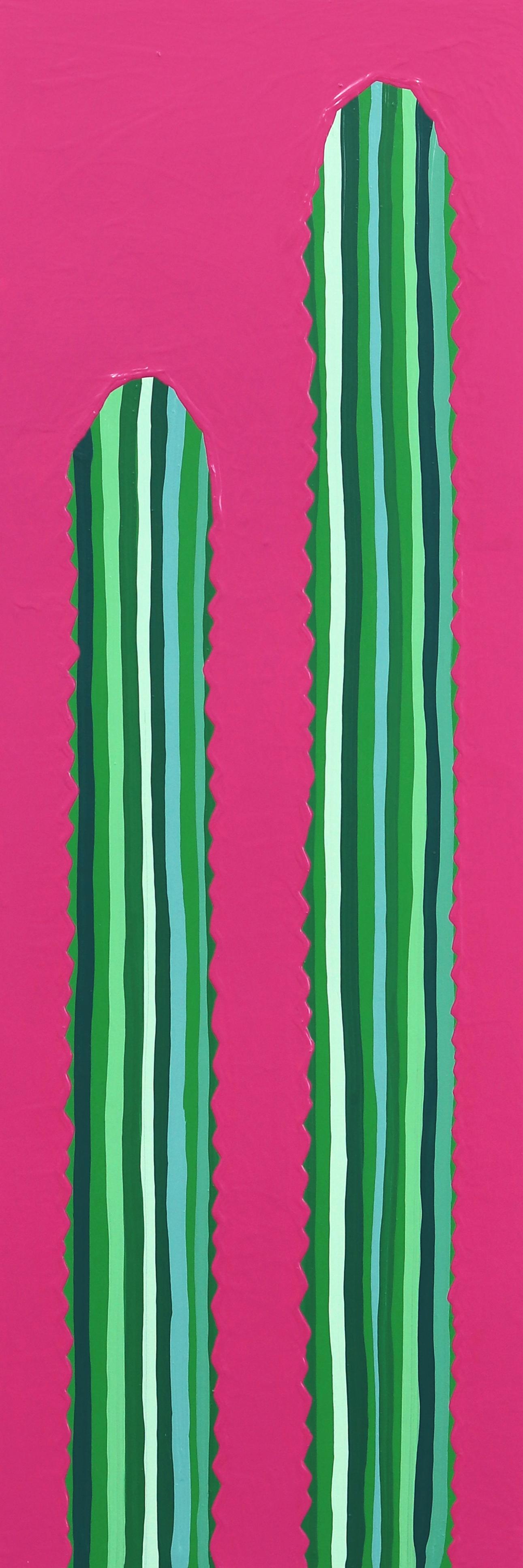 Will Beger Figurative Painting - Rosa Picante - Vibrant Pink Green Southwest Inspired Pop Art Cactus Painting