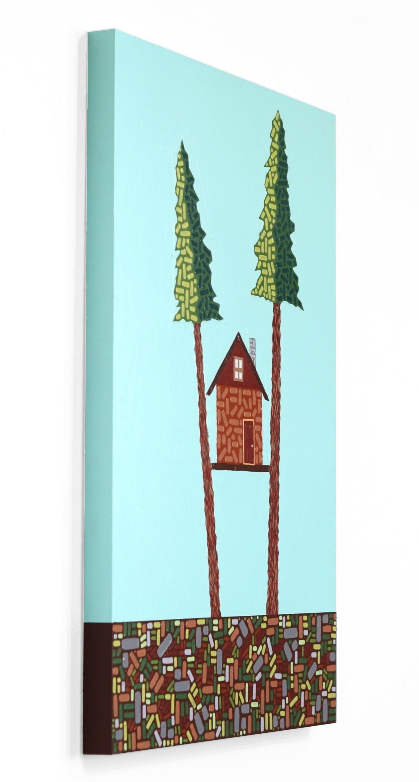 Tree House – Originales lebhaftes, vom Südwesten inspiriertes Pop-Art-Gemälde (Blau), Landscape Painting, von Will Beger