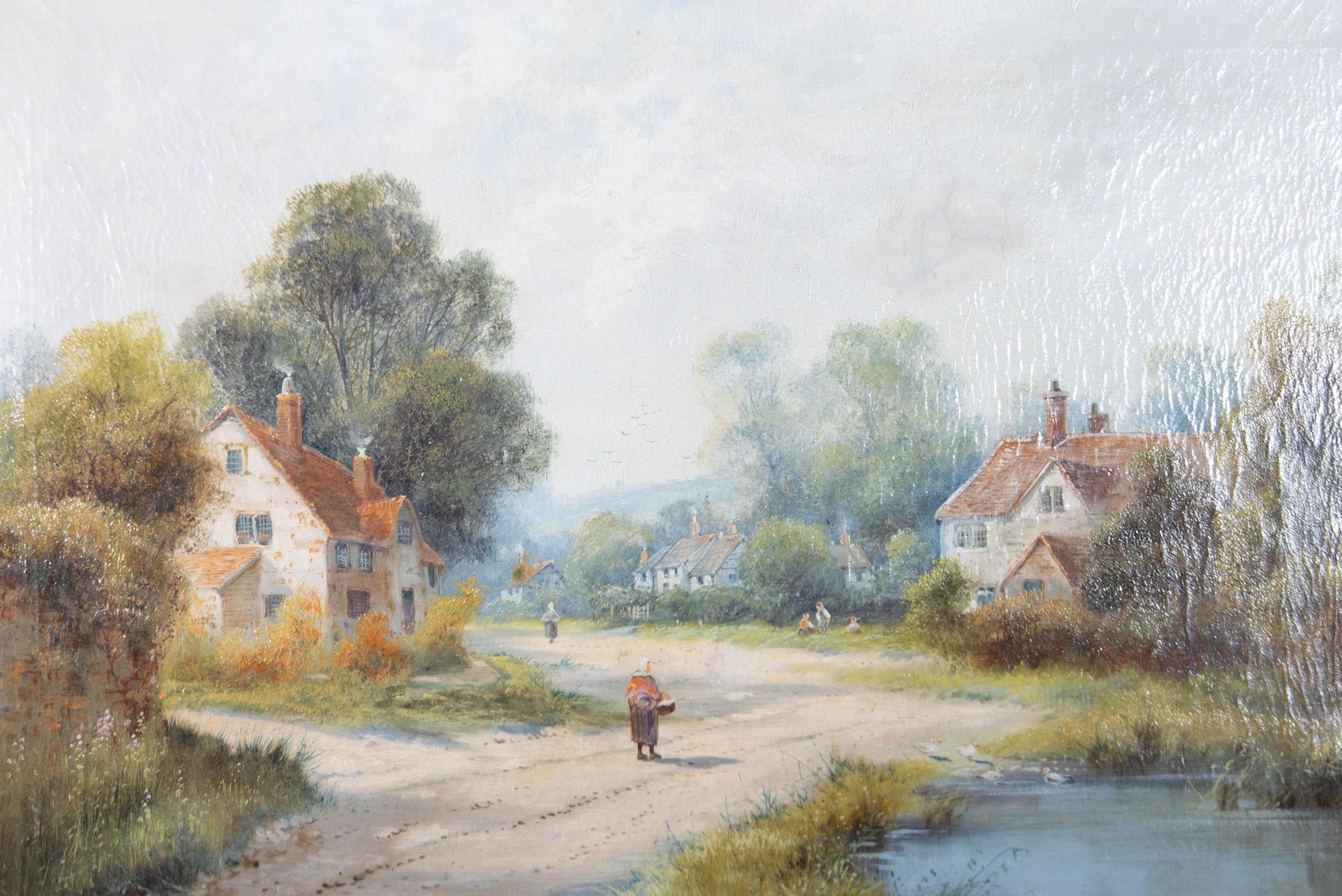 A quaint rural oil scene showing a wide path running through a hamlet. A pond full of ducks and a woman carrying a basket can be seen in the foreground as other figures in the distance can be seen doing daily tasks.

Whilst Bishop's more collectible
