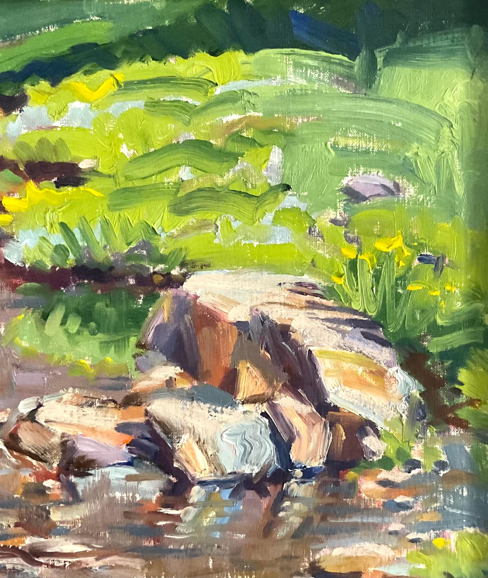 Original oil on board painting of Trail Creek headwaters located in Sun Valley, Idaho.  Signed lower left by the artist.  Condition is very good.  Circa 1975. Titled verso.  Original gold leaf gallery frame in fine condition. Overall framed