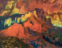 Oak Creek Canyon, Framed Southwestern Arizona Landscape Oil Painting, Red Yellow