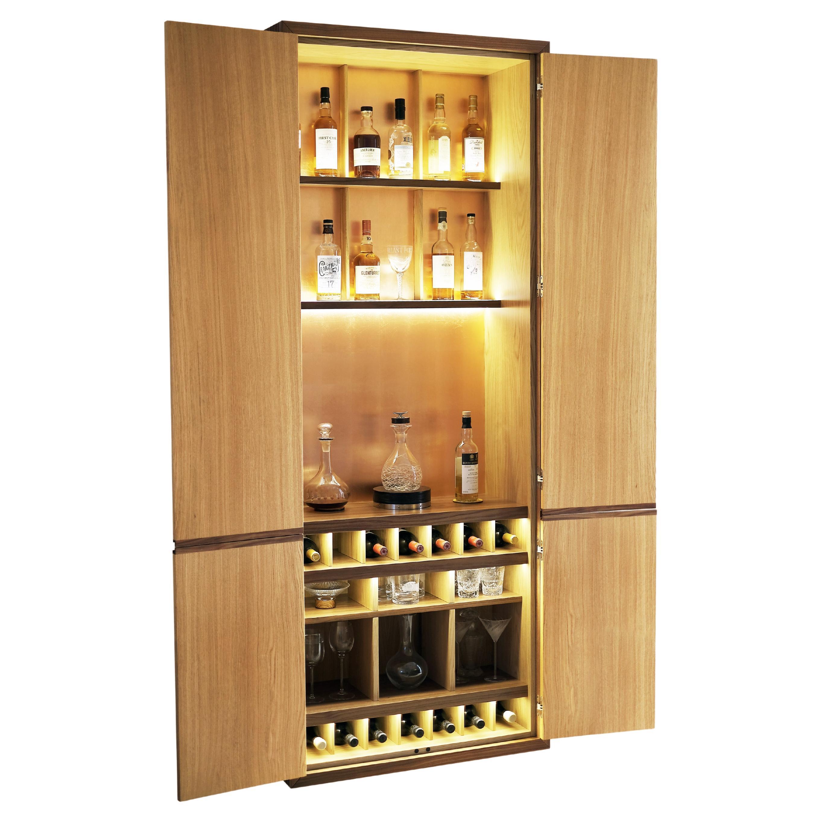 Drinks Cabinet In Burr Oak Veneer, Clear Mirror And Copper Leaf For Sale