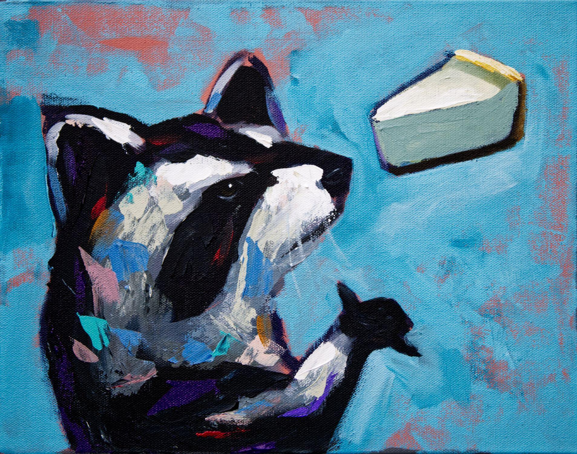   That cheesecake was bitchin'.     These works are a celebration of the outcasts. Bats, snakes, raccoons, and others are presented in humorous settings that gently lift the fear and stigma imposed on them. Bright and bold colors over lay to share