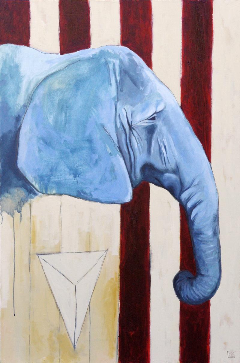 E is for Elsa is one in my series of wildlife artworks. Painted with oil on hand-built cradled wood panel. A retired circus elephant thinks back on her past life. Elephants have good memories. :: Painting :: Contemporary :: This piece comes with an