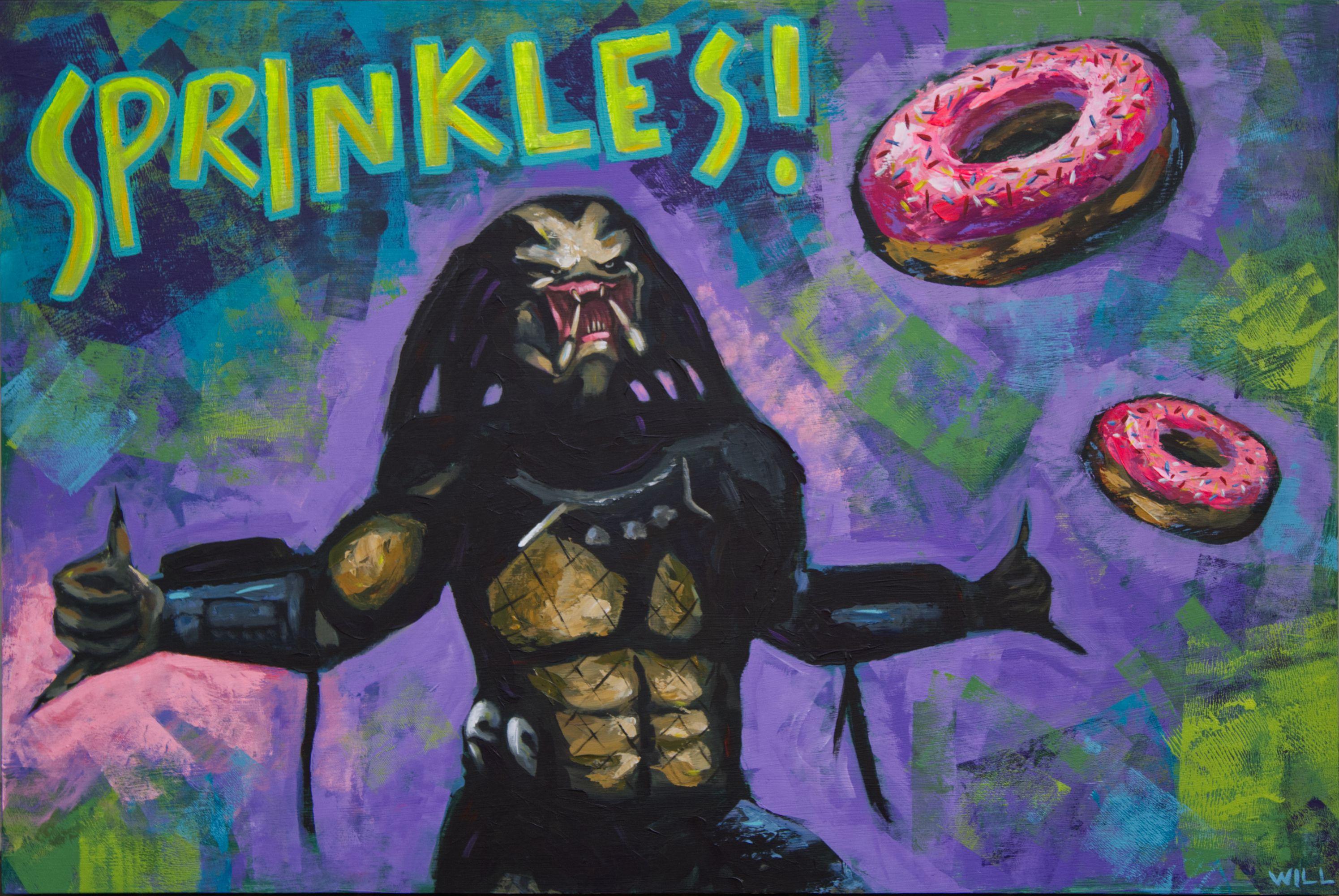 Original acrylic pop art painting of go Predator preying for sprinkles on donuts to tickle your funny bone. Perfect for eclectic and rock roll homes! :: Painting :: Pop-Art :: This piece comes with an official certificate of authenticity signed by