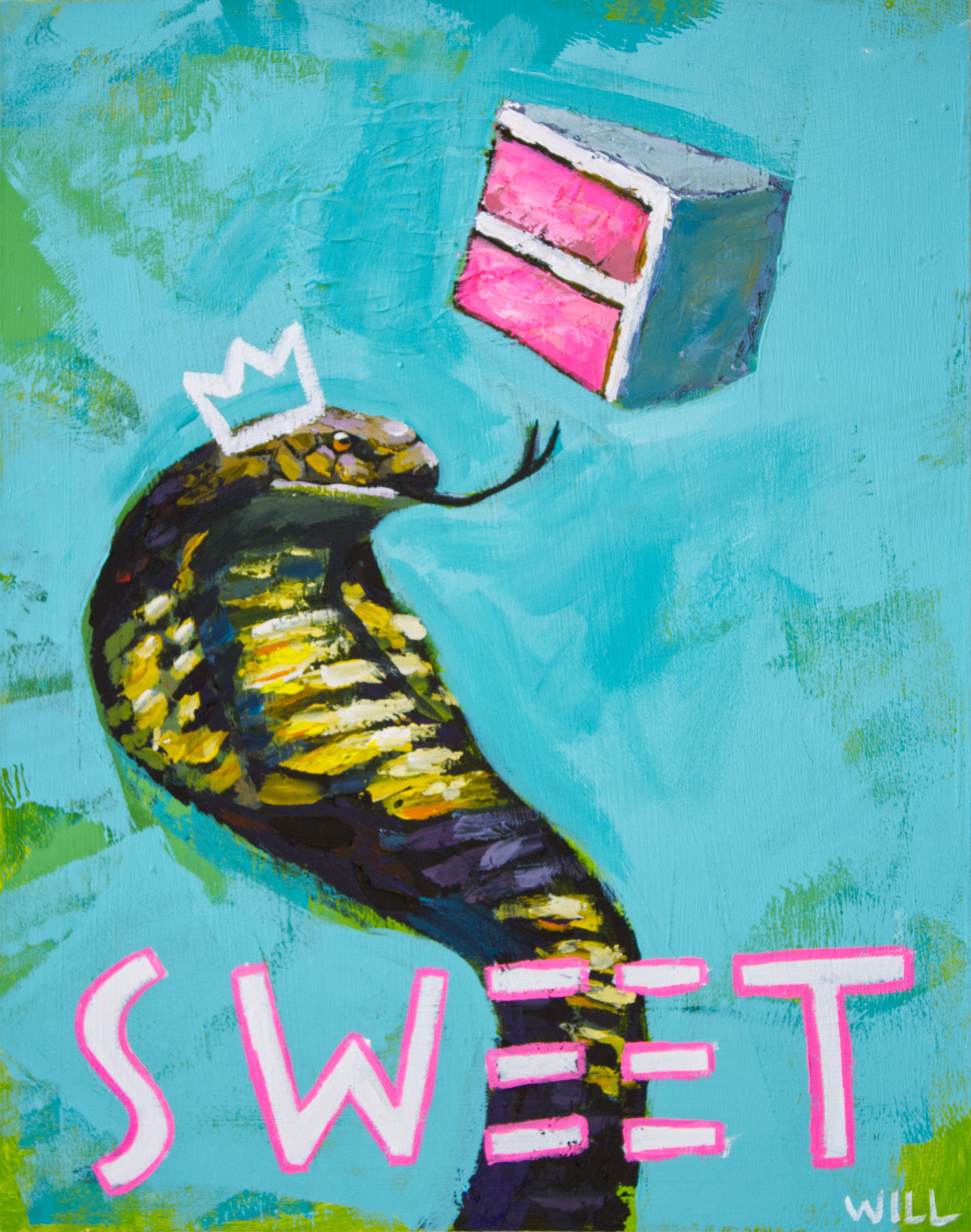 Careful what you think is sweet. Original acrylic animal painting of king cobra snake and strawberry cake to tickle your funny bone. Perfect for eclectic and rock roll homes. :: Painting :: Pop-Art :: This piece comes with an official certificate of