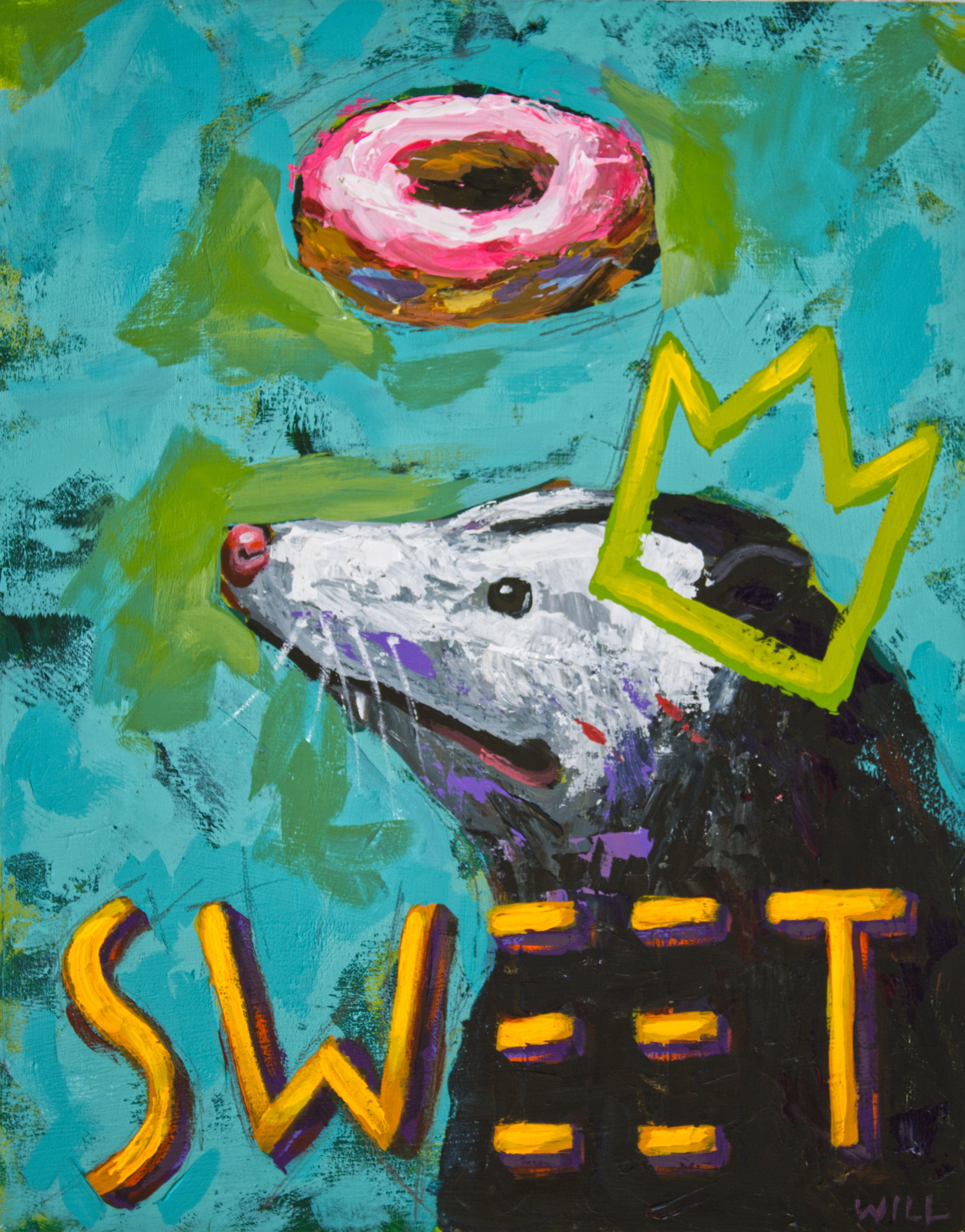 These works are a celebration of the outcasts. Bats, snakes, raccoons, and others are presented in humorous settings that gently lift the fear and stigma imposed on them. Bright and bold colors over lay to share the gamut of positive energy flowing.